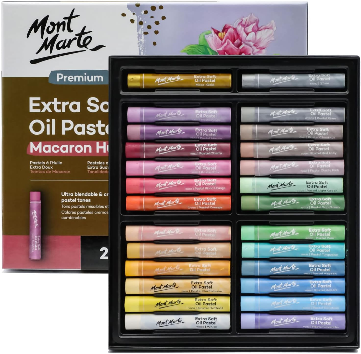 Mont Marte Extra Soft Oil Pastels Macaron Hues Premium 26Pc, Assorted Pastel & Metallic Colours, Vibrant, Buttery, Versatile Art Pastels for Blending, Layering & Shading, Colouring, Sketching image number 2