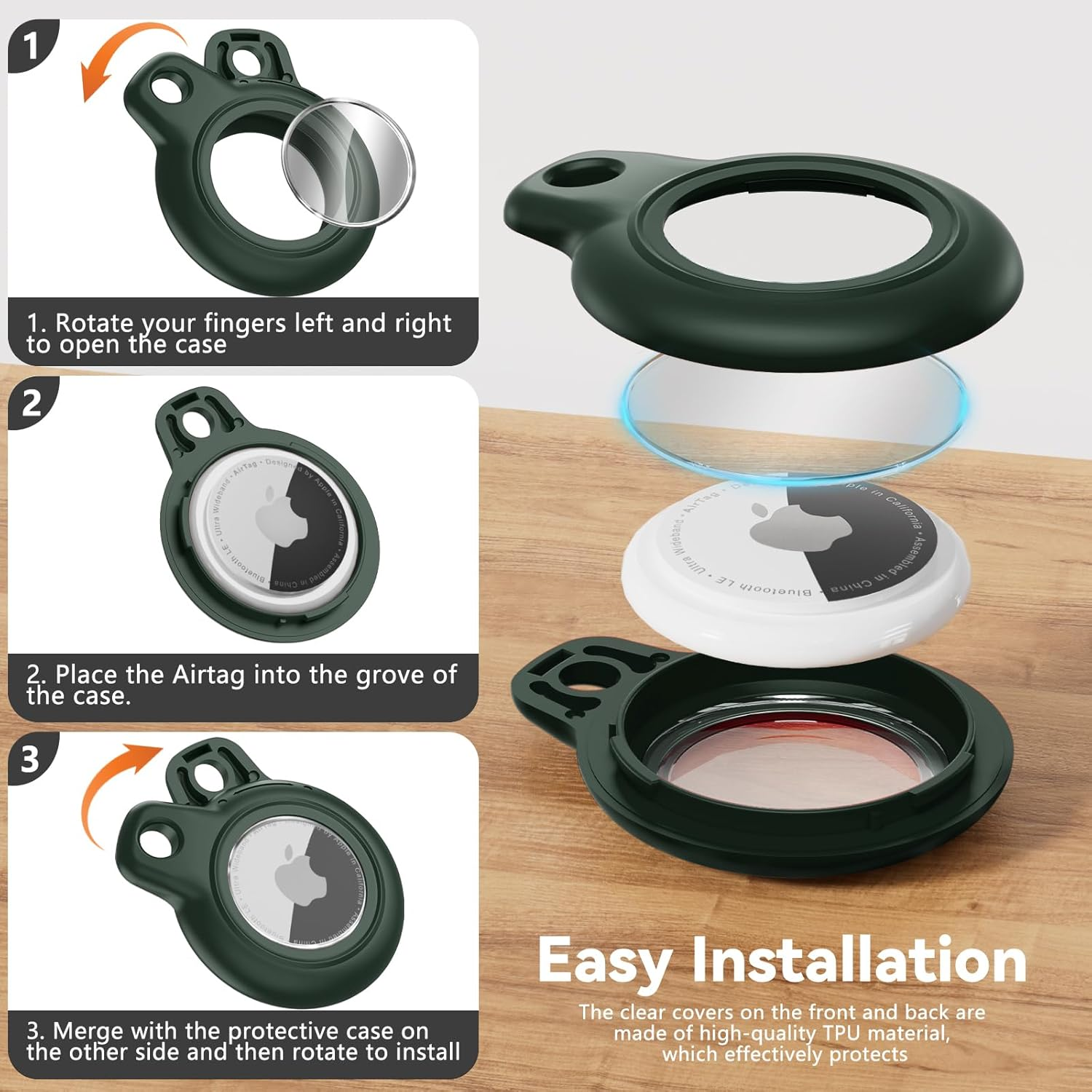 Inesore IPX8 Waterproof for Airtag Holder, Compatible with Apple Air Tags Keychain (With Lock),Anti-Scratch and Shock Case for Dog,Car Key,Luggage(Black-Navy Blue-Blackish Green-Red) - A1-Black-4 image number 5