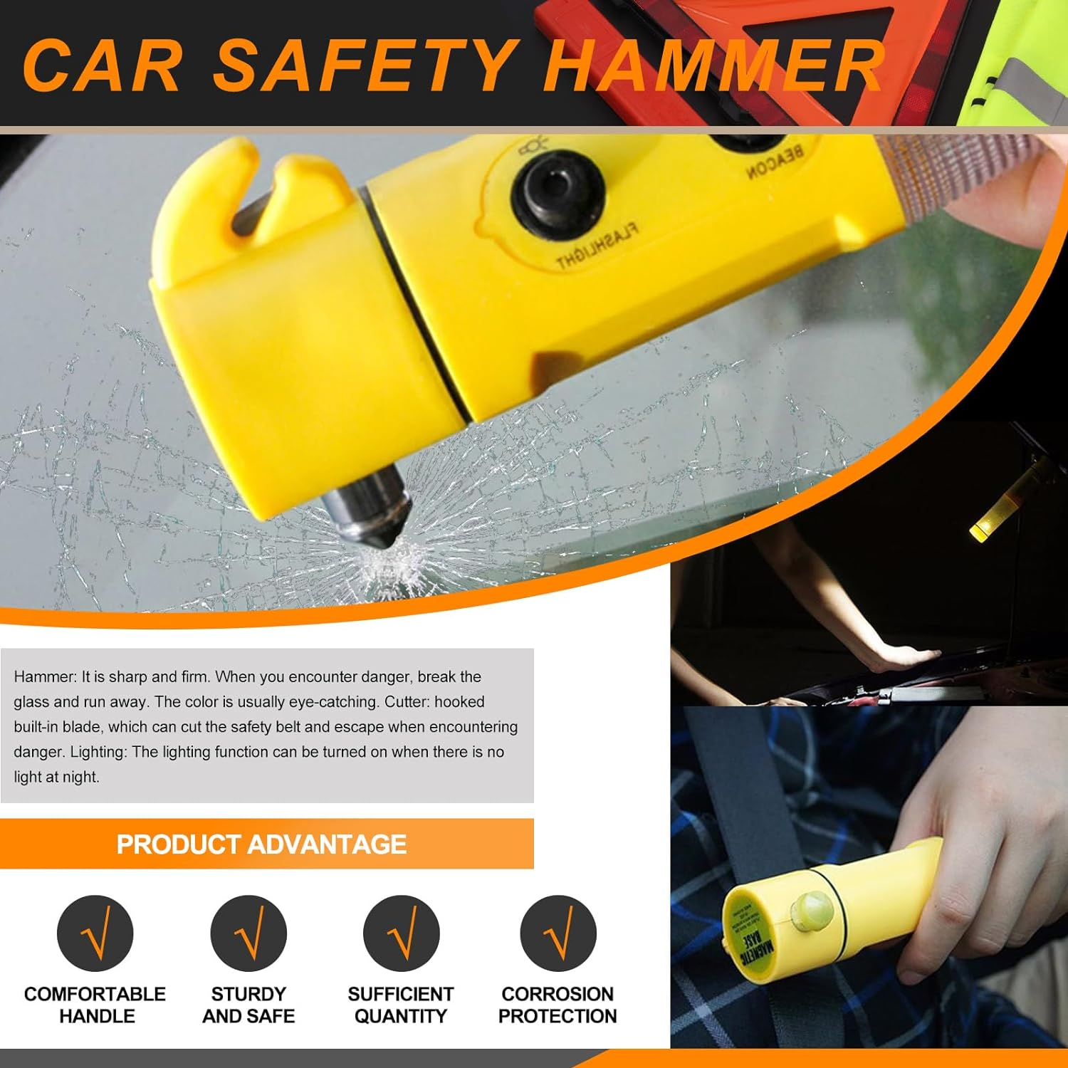 13Pcs Car Emergency Kit Auto Safety Roadside Assistance Tool Kit with Reflective Triangles, Hand Pressing Flashlight, Reflective Vest, Tow Strap, Car Safety Hammer for Vehicles Car image number 6