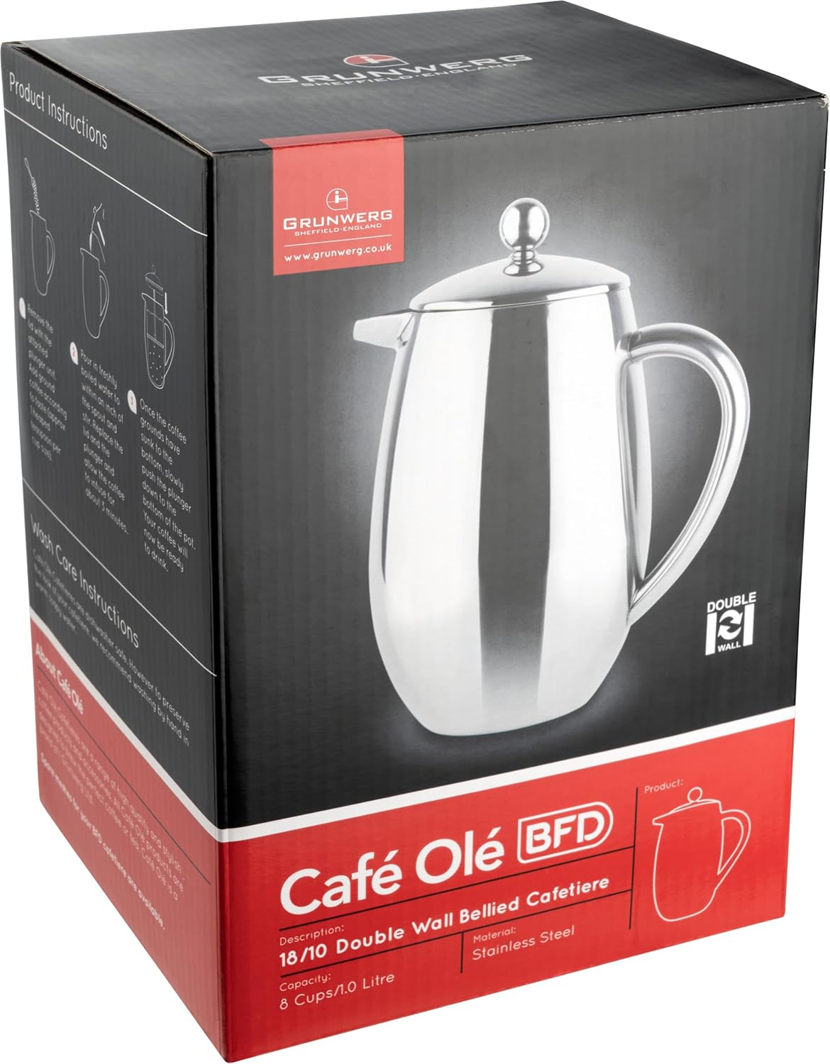 Caf&eacute; Ole 8 Cup Double Walled Bellied Cafetiere Coffee Maker, Mirror, 1 Litre image number 5
