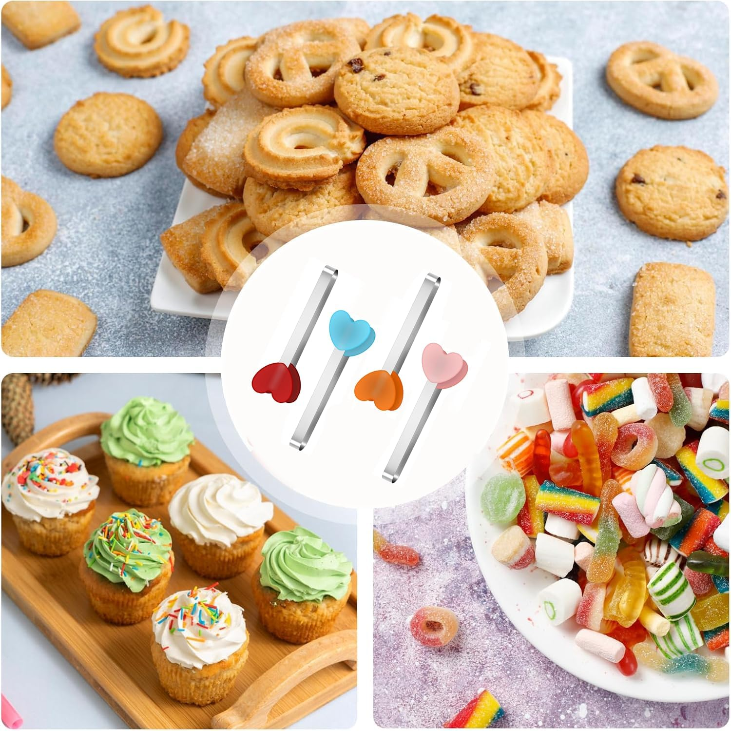 4 PCS Heart Shape Little Serving Tongs - Small Kitchen Tongs for Ice, Fruits, Sugar, BBQ & More, 11.7Cm/4.6In Kitchen Gadgets with Cute Design