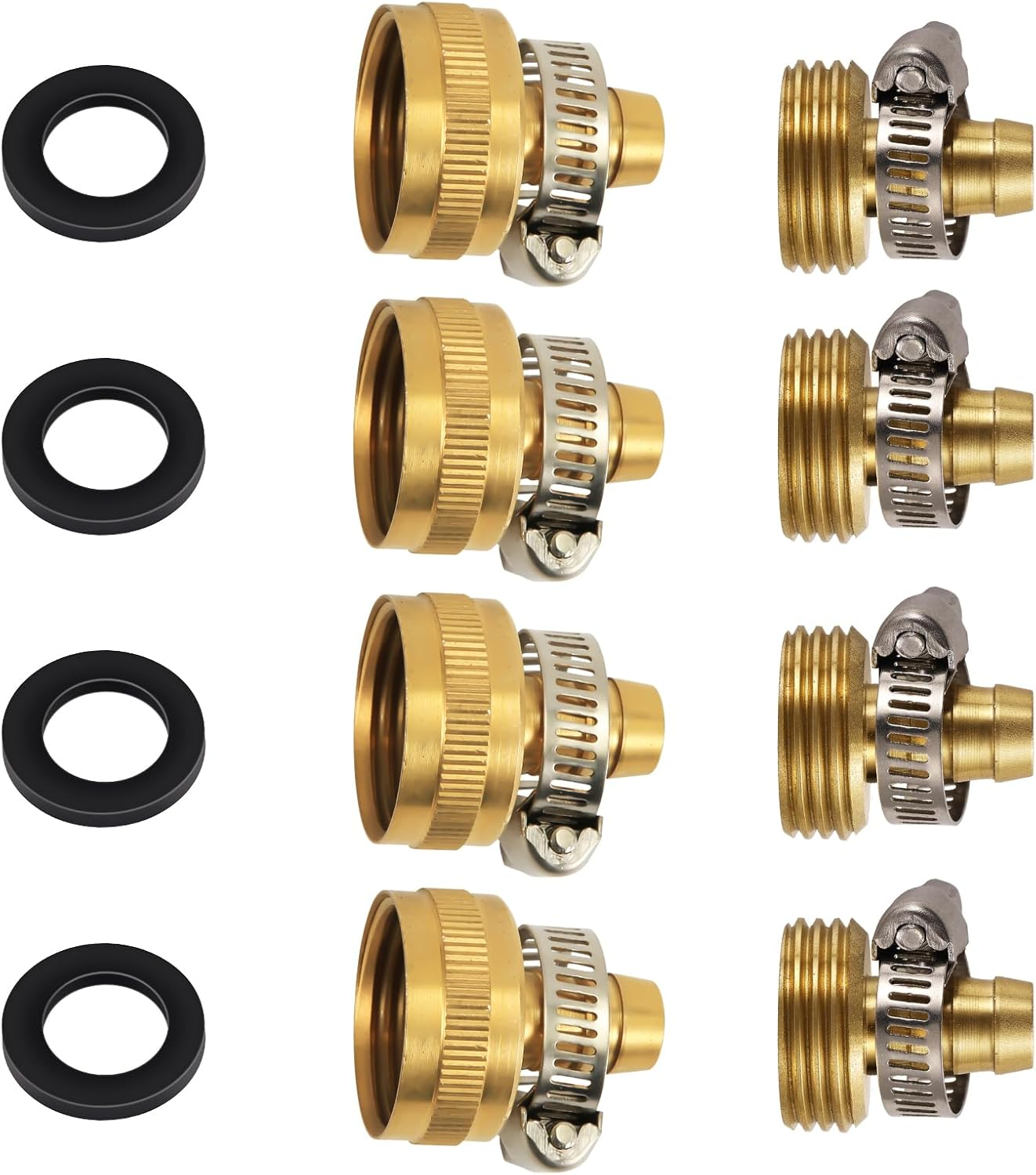 PEUTIER 4 Sets 1/2 Inch Garden Hose Repair Kits, Brass Water Hose Mender Male and Female Hose Connectors with Clamp and Washer Water Hose End Replacement for Garden Water Hose Fitting (Style 3)