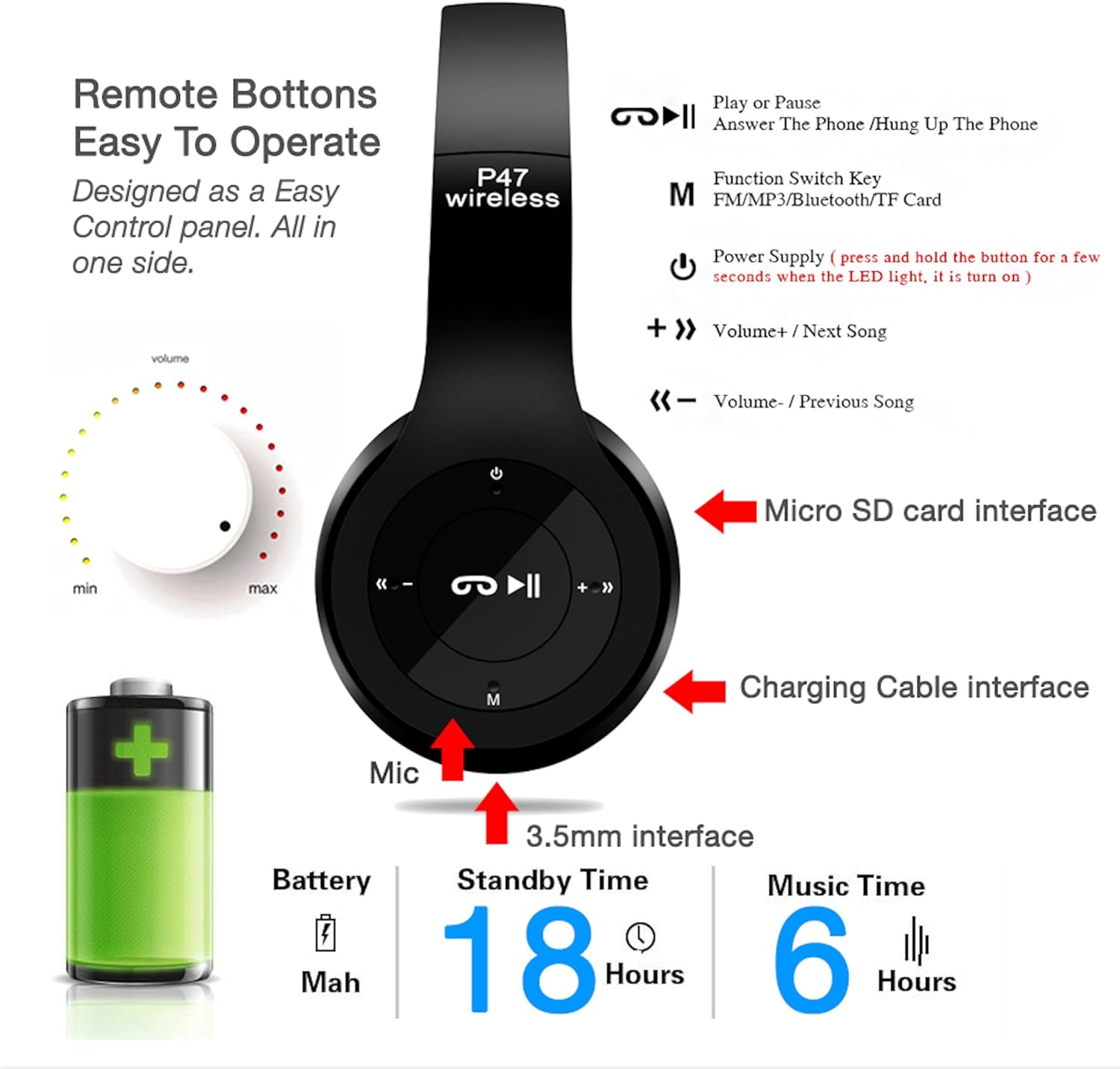 Wireless Bluetooth 5.0 Earphones, Foldable Sport Headset with Mic, Stereo Headphones MP3 (Blue) - Black image number 4