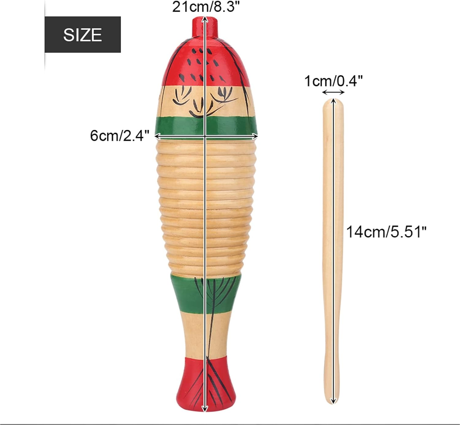 Guiro, 8.3 Inch Fish Shaped Latin Percussion Musical Instrument, Wooden Colorful Guiro Instrument, Frog Instrument for Beginners and Professional Band Accompaniment with Sticks