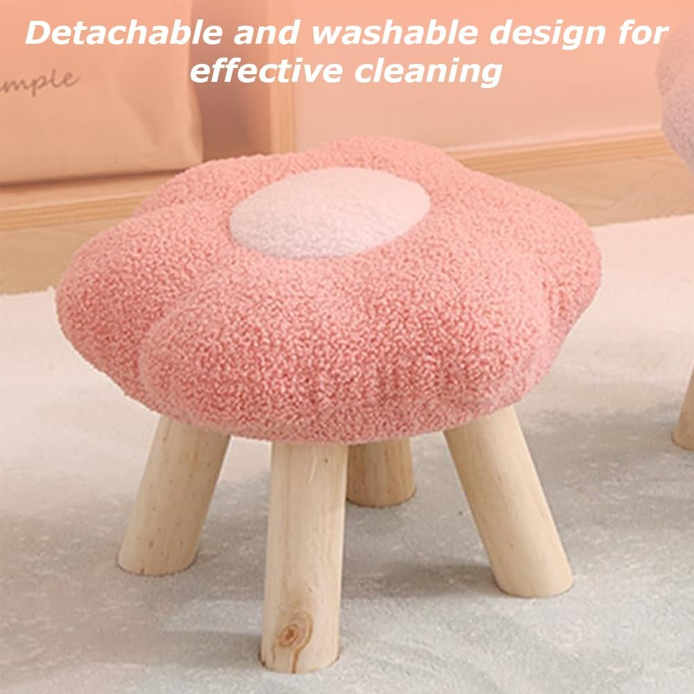 Flower-Shaped Small Ottoman Footstool, Multipurpose Wooden Leg Pouf for Bedroom, Living Room, Entryway, Playroom, under Desk, Pink image number 2