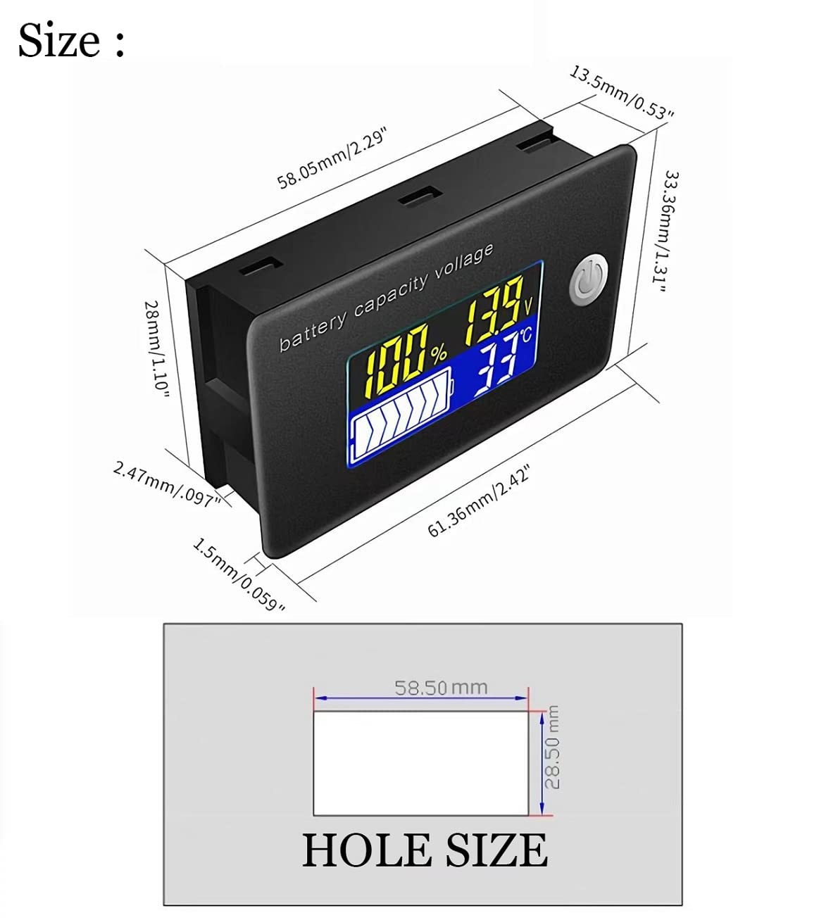 Kivner 12V/24V/36V/48V/60V/72V Battery Monitor Tester - Voltage, Capacity, Temperature Display - Lead Acid, Lithium, Lifepo4 Batteries - Cars, Marine, RV image number 4