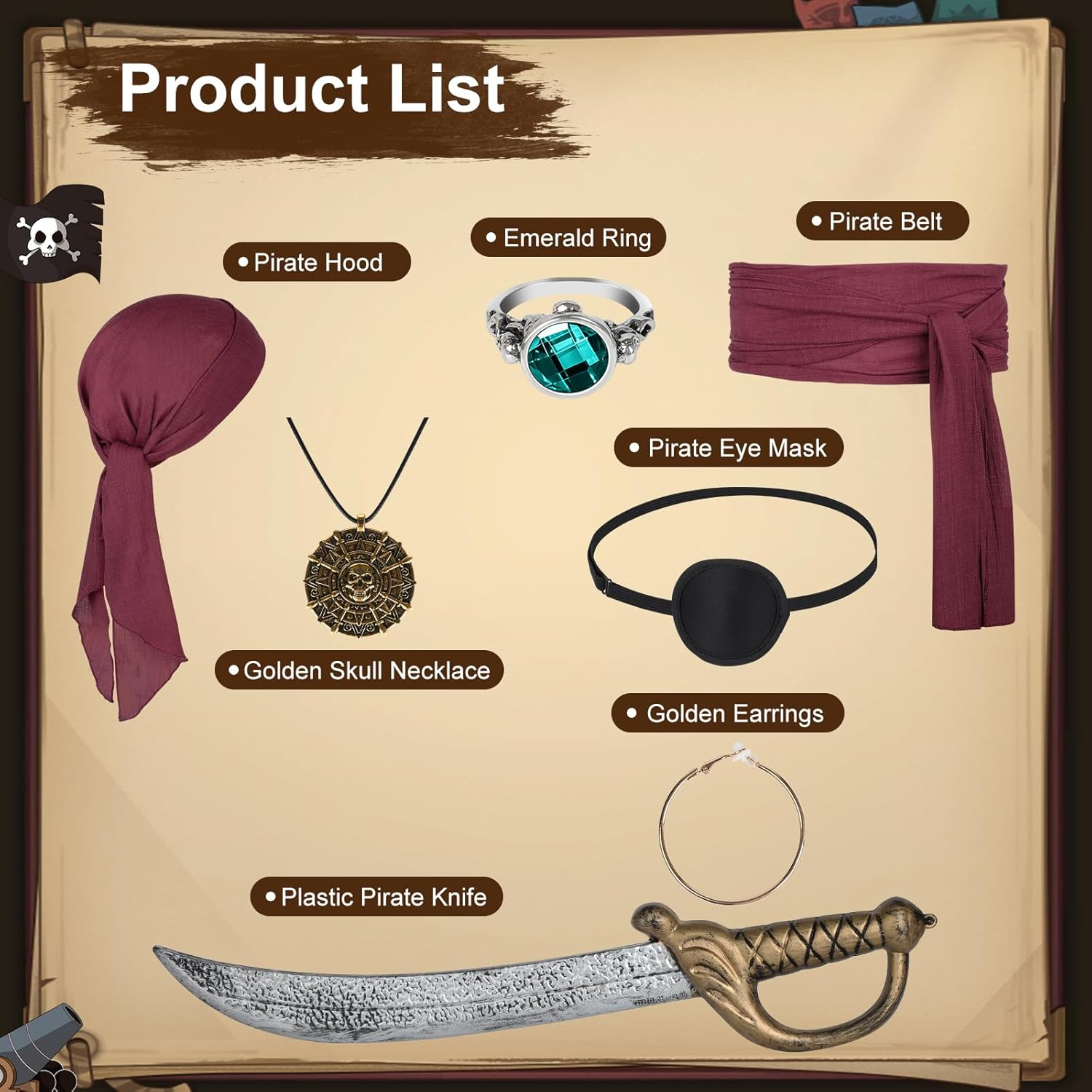 7 PCS Pirate Costume Women Men Kids,Captain Pirate Costume Accessories Set,Halloween Party Cosplay image number 6