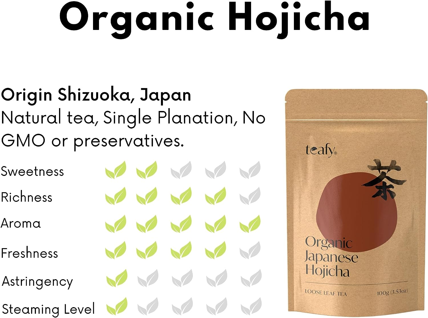 Teafy Organic Hojicha Roasted Green Tea, Japanese Houjicha Tea, from Shizuoka Japan, JAS & USDA Certified Organic Loose Leaf, Low Caffeine, 3.5Oz/100G image number 3