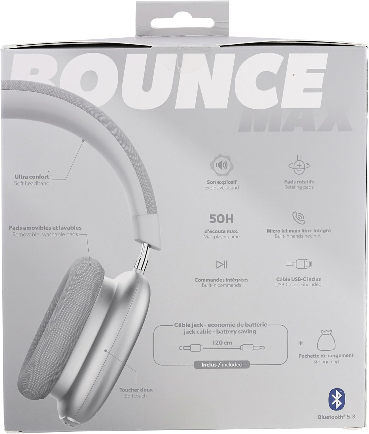 T'Nb Bounce Max Wireless Over-Ear Headphones, New Version, Comfortable and Comprehensive, with Bluetooth Connection, Stereo Sound with Built-In Microphone, Battery Life up to 50 Hours - Silver image number 6