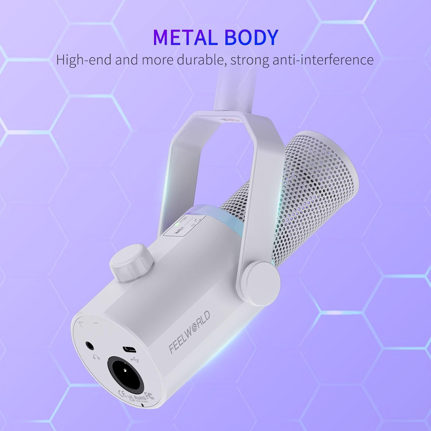 FEELWORLD PM1 XLR USB Dynamic Microphone with Boom Arm Stand for Podcast Recording PC Computer Gaming Live Streaming Vocal Voice-Over, Studio Metal Mic, RGB Light, Mute Button, Headphones Jack (White) image number 2