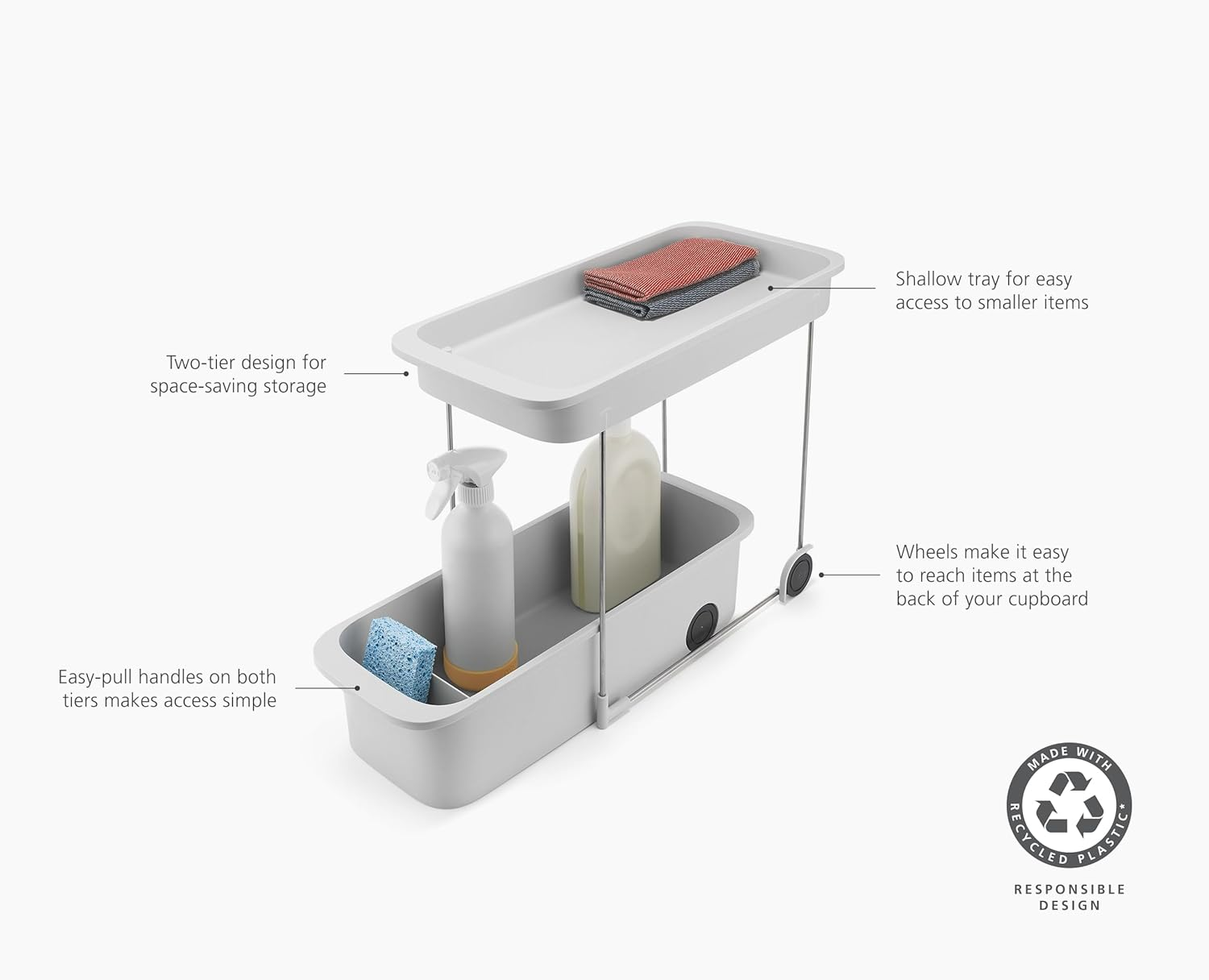 Joseph Joseph Cupboardstore 2-Tier Easy Access Wheeled Storage Caddy, under Sink Kitchen Organiser, Recycled Plastic image number 3