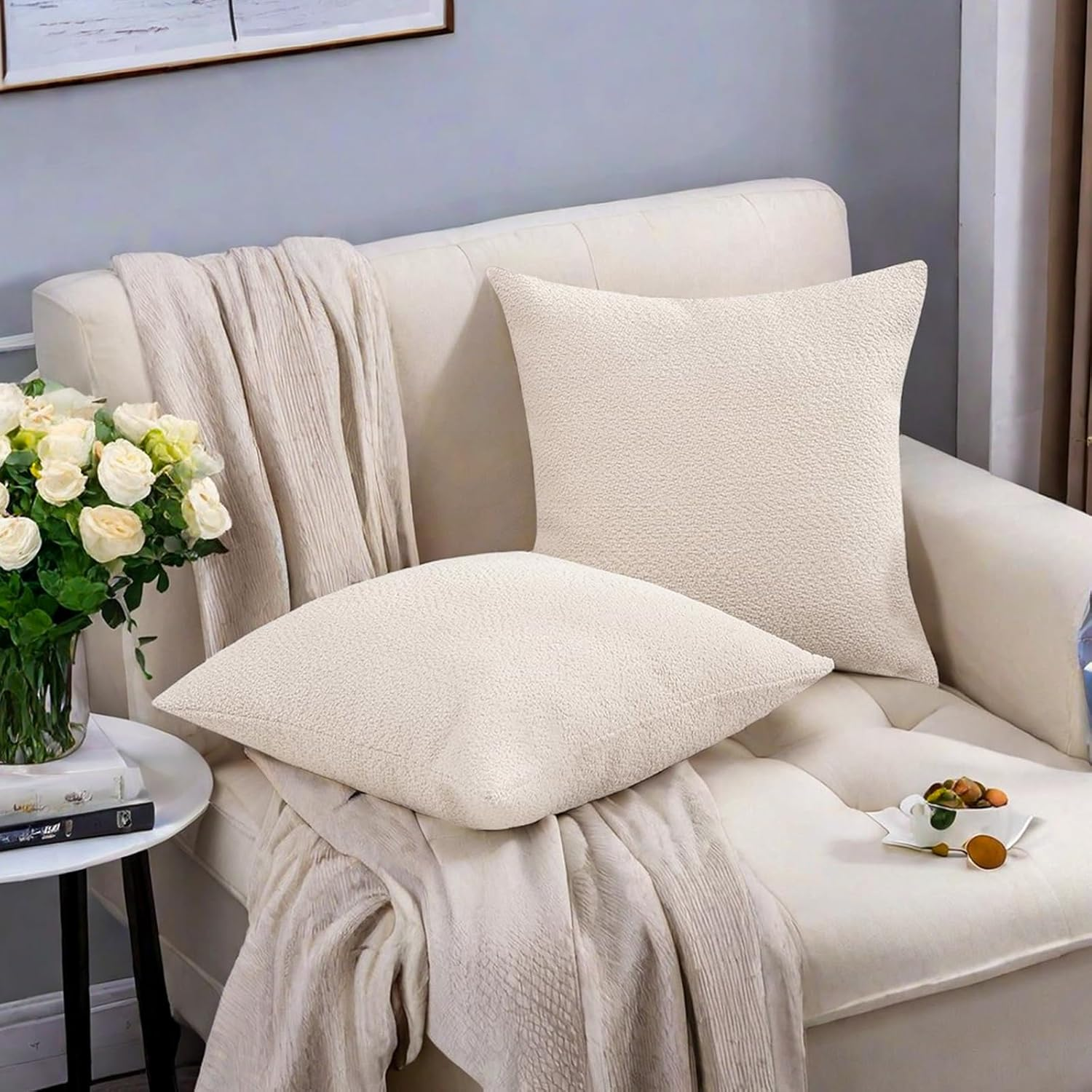 DONGMEIWANG Decorative Throw Pillows Set of 2 Boucle Textured Throw Pillow Covers 18 X 18 Cozy Soft Accent Cushion Cases Throw Pillows for Bed Sofa Couch and Living Room image number 6