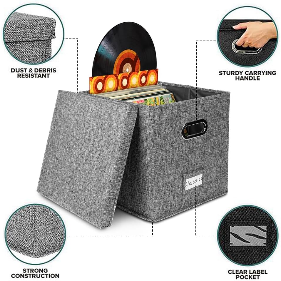 TOMVAES Vinyl Record Storage Box,Records Crate,Album Storage,Fabric Storage Boxes with Lids for Moving,Office,Closet,Home Organizer,33X33X33Cm,Grey image number 1