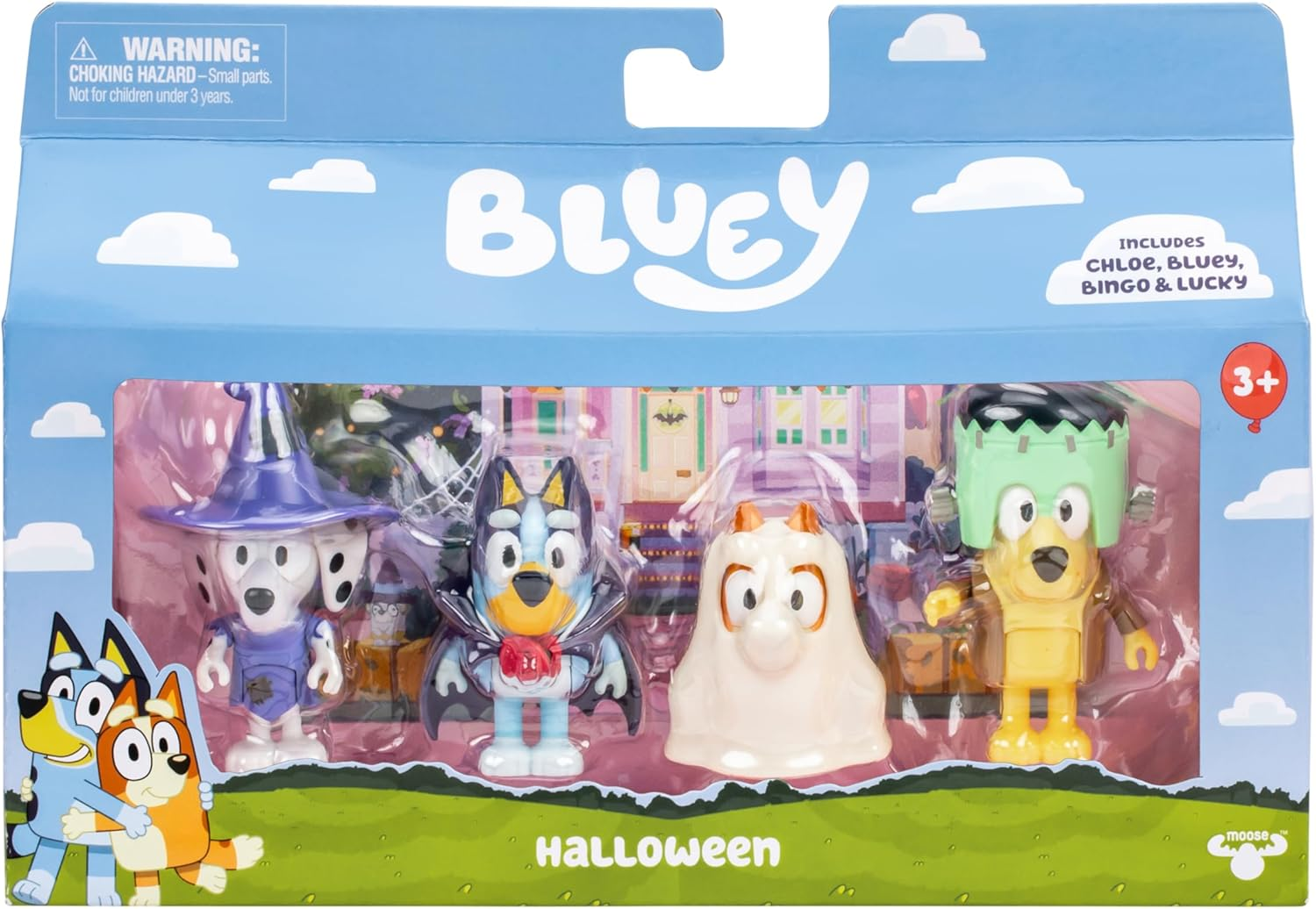 Bluey Figure 4-Packs, Halloween, 2.5" Poseable Figures of Bluey, Bingo, Chloe & Lucky Dressed in Halloween Costumes, with Accessories, Kids Can Recreate Their Favorite Moments from the Bluey TV Show image number 3