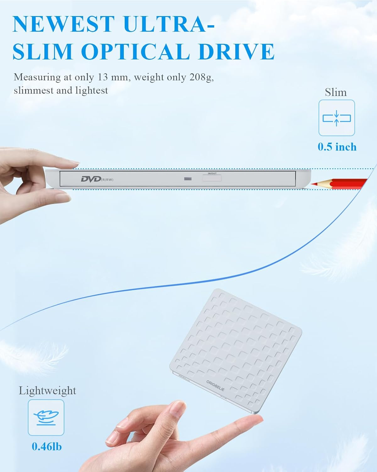 ORIGBELIE External CD DVD Drive for Laptop, USB 3.0 Type-C Ultra Slim 13Mm DVD Player Portable CD DVD +/-RW Drive CD Burner Reader Writer Recorder for Desktop PC Windows 11/10/8/7 Linux Mac OS (White) image number 1