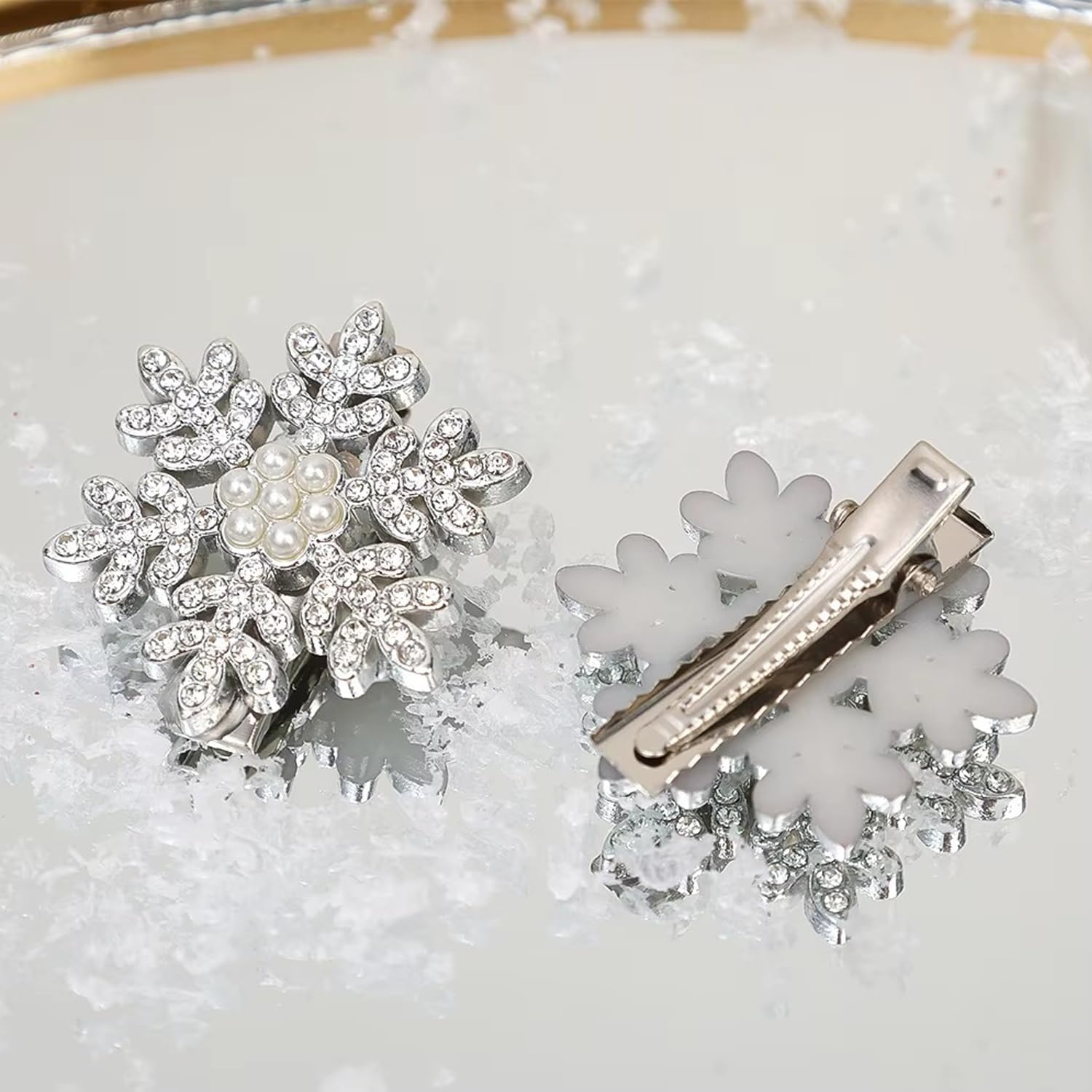 Snowflake Hair Clips Sparkly Rhinestone Hair Barrettes 3 Styles Cute Autumn Winter Broken Hair Bangs Silver Metal Accessories for Women Shiny Snowflakes Hairpins Christmas Hair Xmas Party Gifts image number 3
