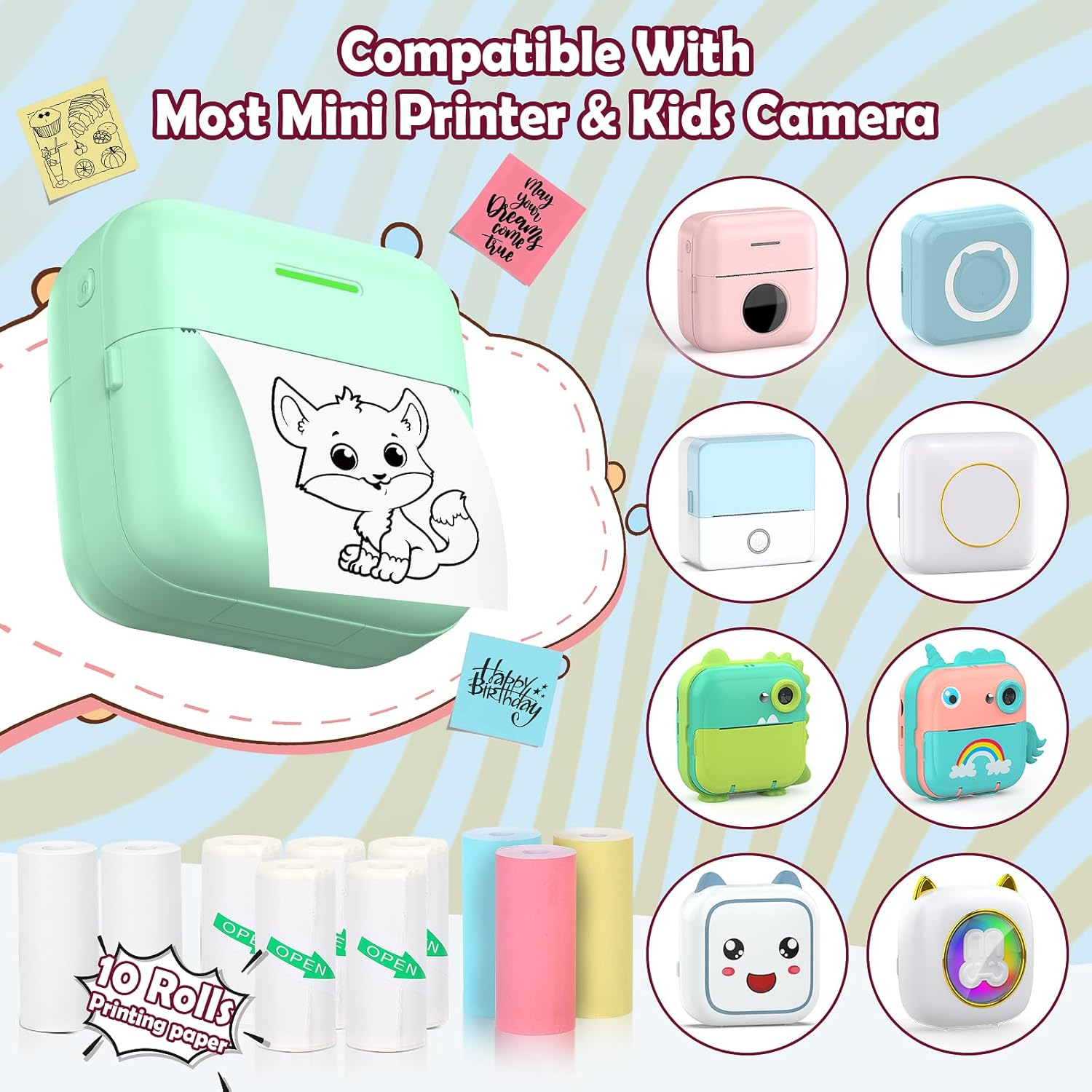 10 Rolls Thermal Mini Printer Paper for Inkless Mini Printer, 5 Rolls Thermal Sticky Paper & 5 Rolls Thermal Plain Paper, 57X25Mm, for Notes Journal Memo Photo Study image number 2