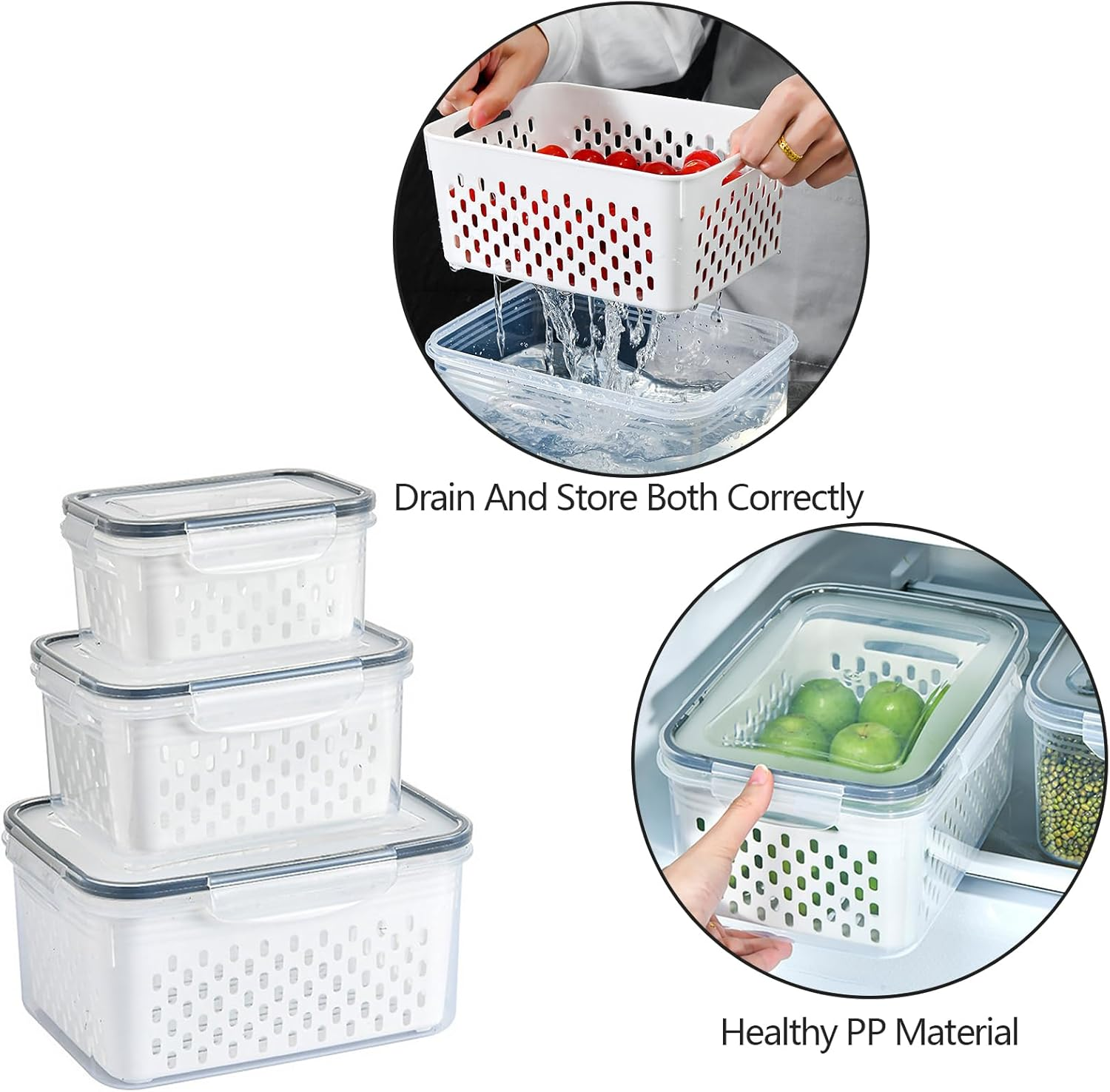 Lizbin 3 PCS Fruit Storage Containers for Fridge with Removable Colander, Leak Proof Food Storage Containers, Airtight Food Storage Containers, Food Storage Containers with Lids, Keep Food Meat Fresh image number 6