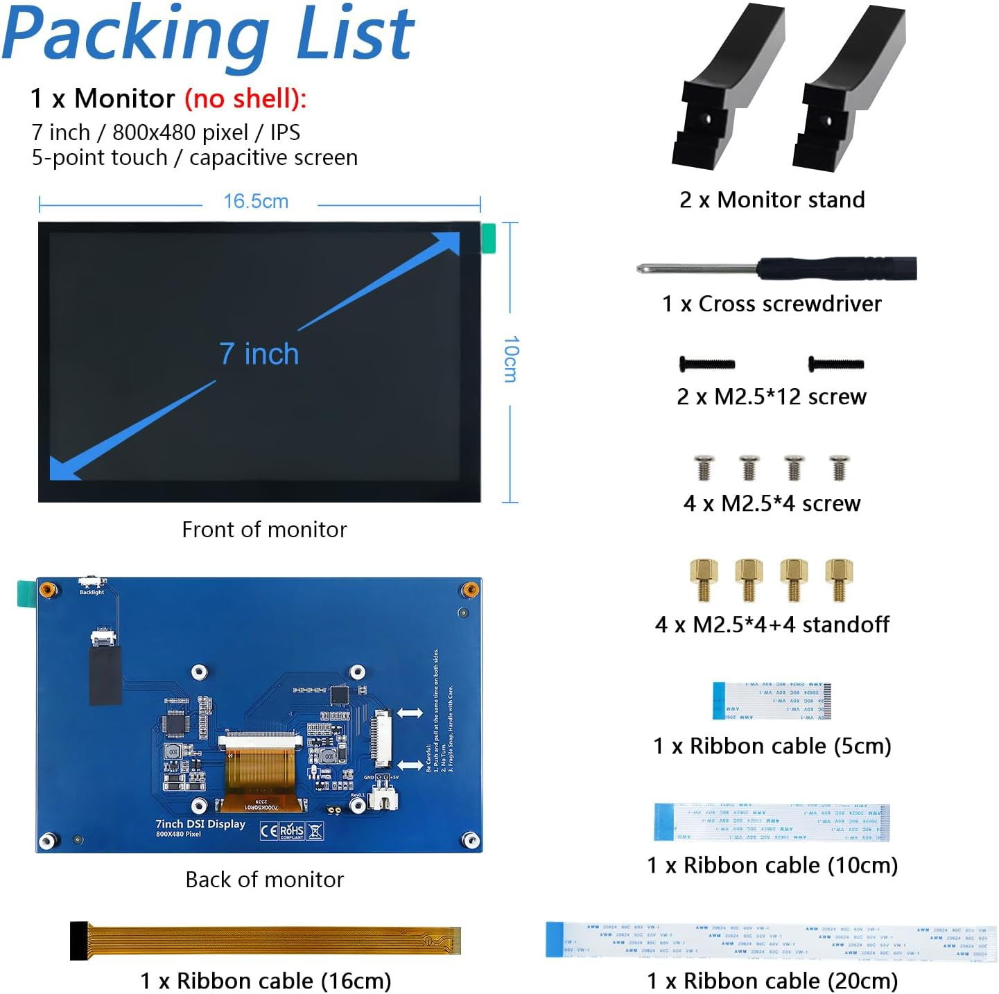 Freenove 7 Inch Touchscreen Monitor for Raspberry Pi 5 4 B 3 B+ A+, 800X480 Pixel IPS Display, 5-Point Touch Capacitive Screen, Driver-Free MIPI DSI Port image number 2