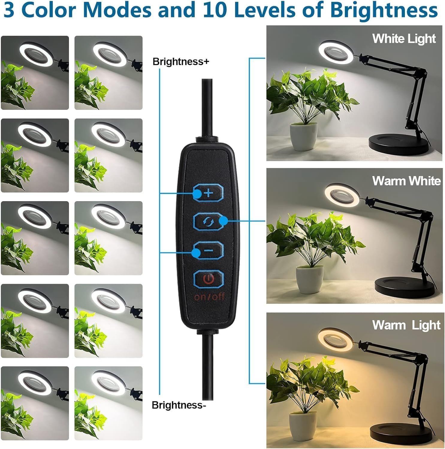 10X Magnifying Glass with Light and Stand, Magnifying Led Desk Lamp, Adjustable Color and Brightness Reading Light Ring Light for Repair, Crafts, Soldering (Black, round Base & Clamp) image number 1