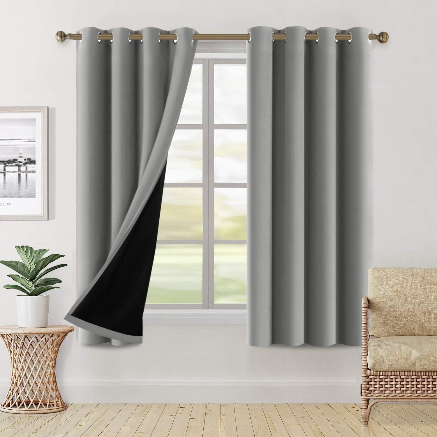 H.VERSAILTEX 100% Blackout Curtains Completely Blackout Window Drapes Thermal Insulate Double Layer with Black Liner for Bedroom 2 Panels Set, Each W132Cm X D160Cm, Natural