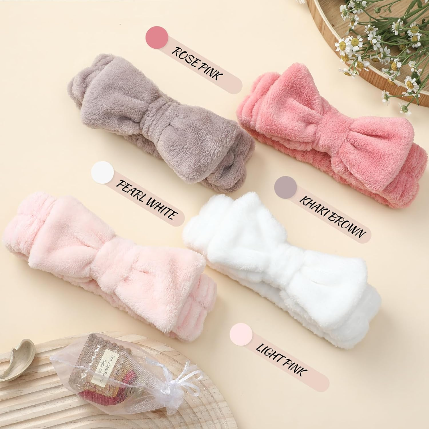VITEVER 4 Pack Spa Headband Bow Tie Band Women Makeup Sports Yoga, Girls Microfiber Facial Clean Headband for Washing Face and Shower, 4 Colors Soft Coral Fleece Skincare Cosmetic Elastic Hair Bands image number 6