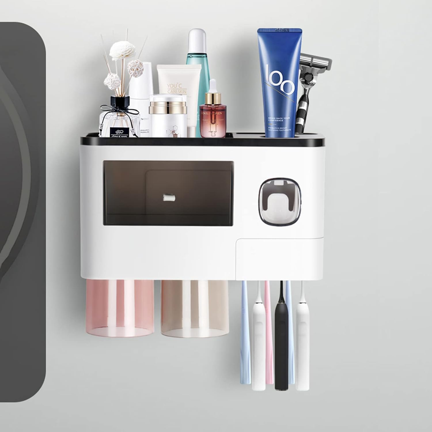 Hushnow Toothbrush Holder Wall Mounted,Toothbrush Storage Box with Dust Cover, Equipped with Toothpaste Dispenser,Cup and Drawer Storage Box(2 Cups, Gray Toothbrush Holder)