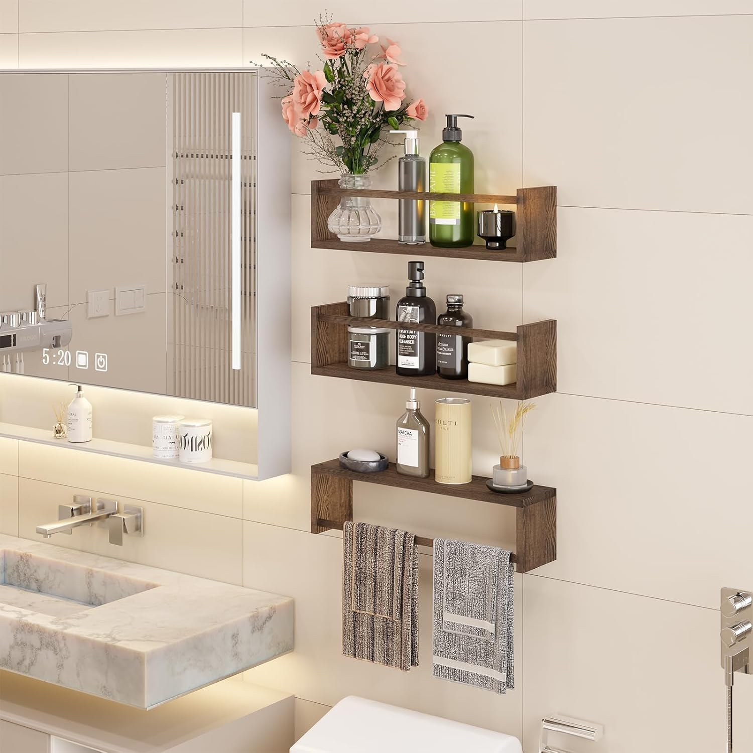 Floating Nursery Book Shelves, 3 Pack Wood Floating Shelves for Kids Room, Small Wood Book Shelf Wall Mounted for Baby Boys Girls, Toy and Decor Storage for Bedoom (Brown) - Brown image number 6