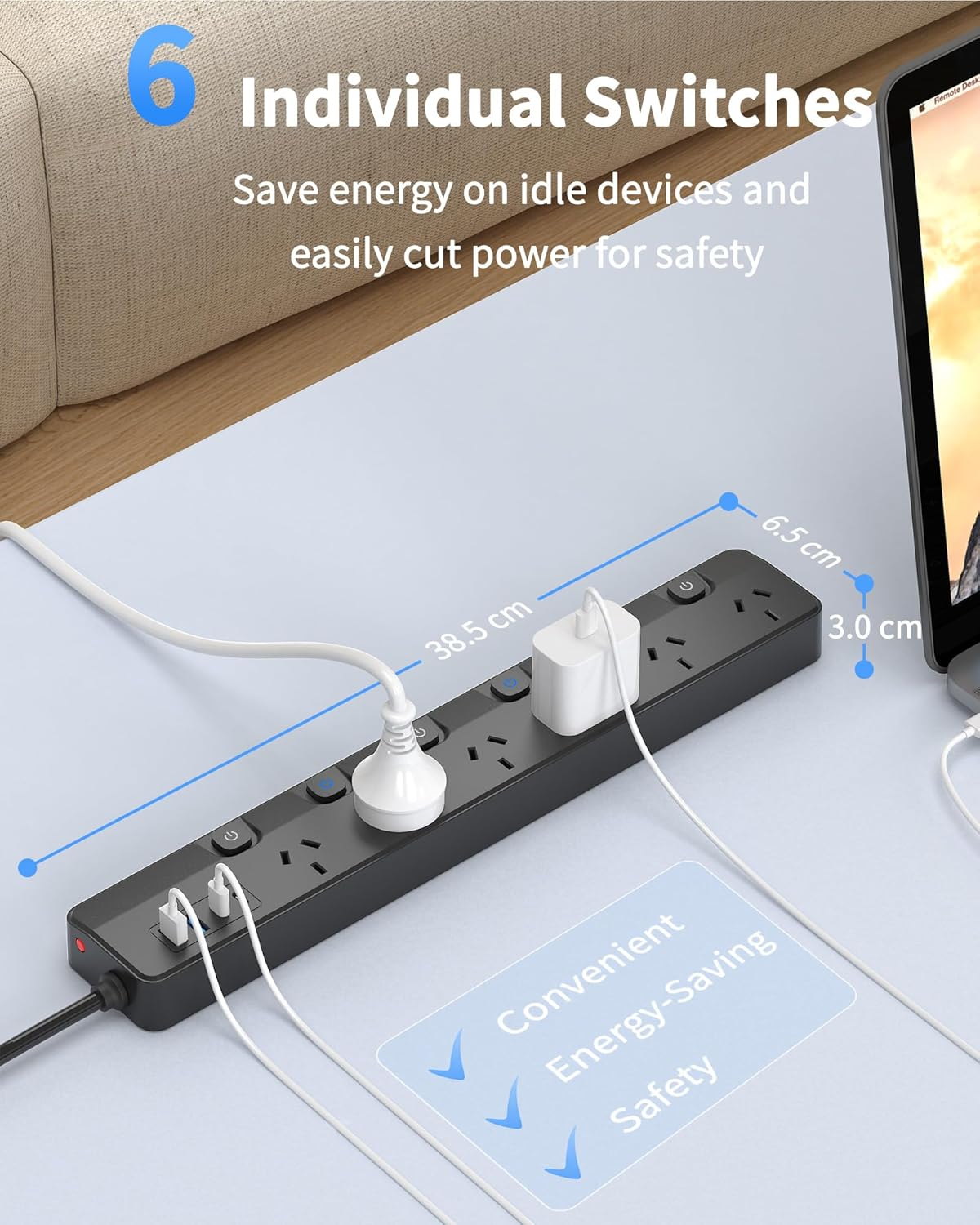 Power Board Individual Switch, Powerboard with 6 AC Outlets 4 USB Ports (2 USB C), 900J Power Board Surge Protected, SAA Certified, 2M Extension Cord for Home and Office, Black image number 1