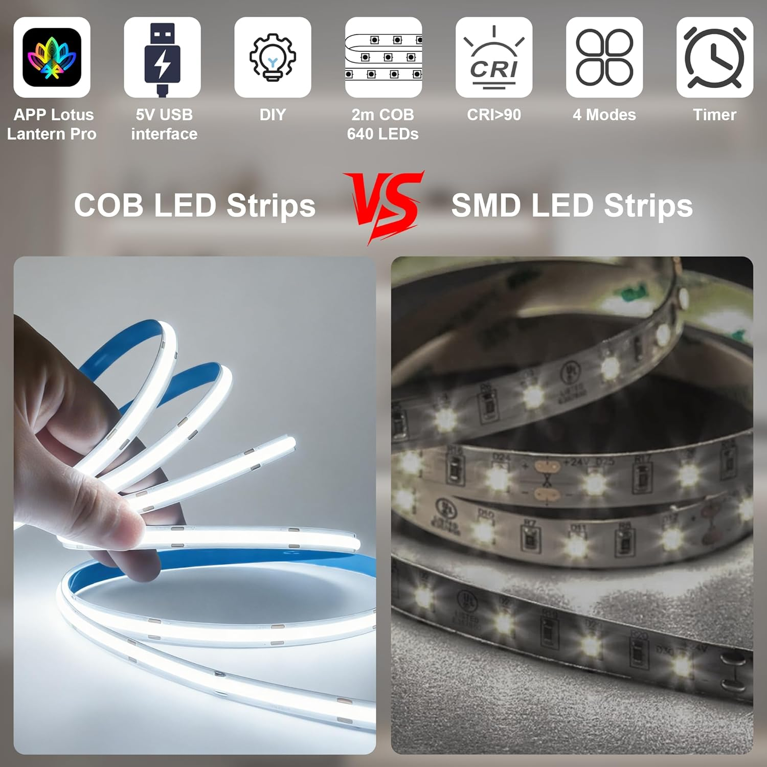 5V USB COB LED Strip Lights, Cozylady 2M Bluetooth Natural White 6000K 320Leds/M Dimmable Strips, IP20 Not Waterproof Tape Light for DIY Mirror Cabinet Wardrobe Home Indoor Decoration image number 2