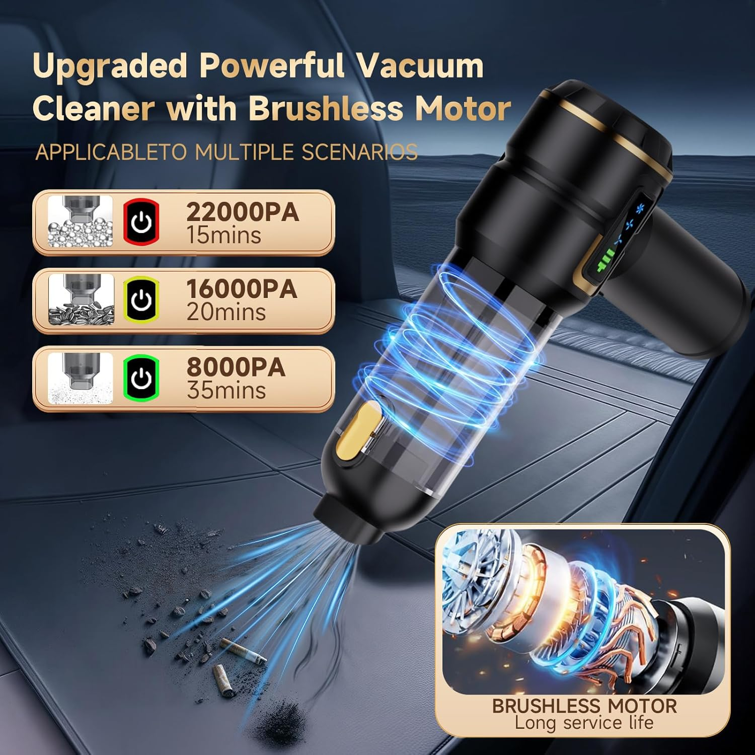 Lyiazsoy Car Vacuum Cleaner Cordless,22000Pa High Power Mini Vacuum Cleaner,Rechargeable Handheld Vacuum Cleaner,Car Hoovers for Pet Hair, Home, Office, Kitchen(Gold Black)