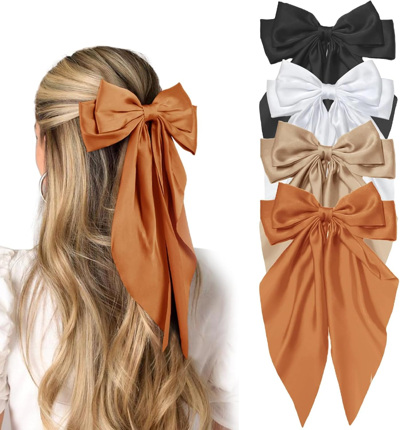 TELAIN Pack of 4 Hair Bows for Women, Large Satin Hair Clips, Long Silky Bows for Hair, plus Size, Black and White Hair Clips, Coquette Hair Accessories for Women image number 4