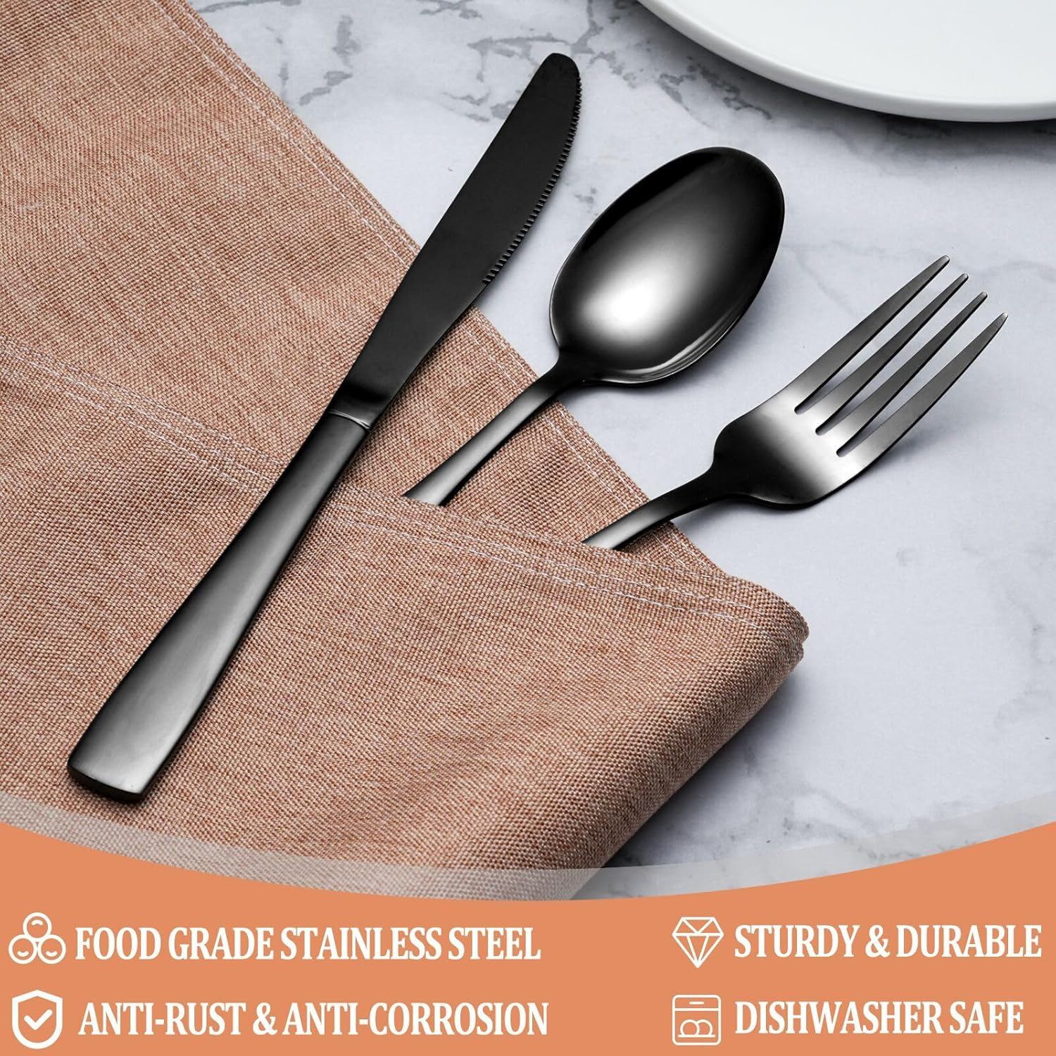20 Pcs Black Silverware Set, Food-Grade Stainless Steel Flatware Set for 4, Square Cutlery Set, Mirror Polished Tableware Eating Utensils Set for Kitchen, Include Knife Fork Spoon Set,Dishwasher Safe image number 6