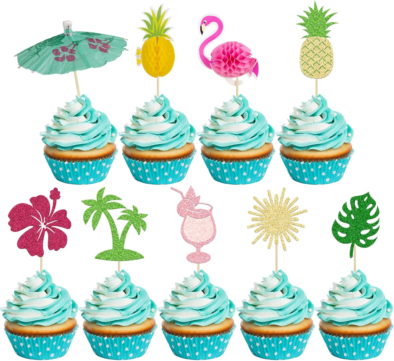 36Pcs Donut Toppers Green Pineapple Cupcake Toppers Green Glitter Pineapple Picks for Luau Bridal Shower Tropical Summer Party Cake Food Decoration Supplies