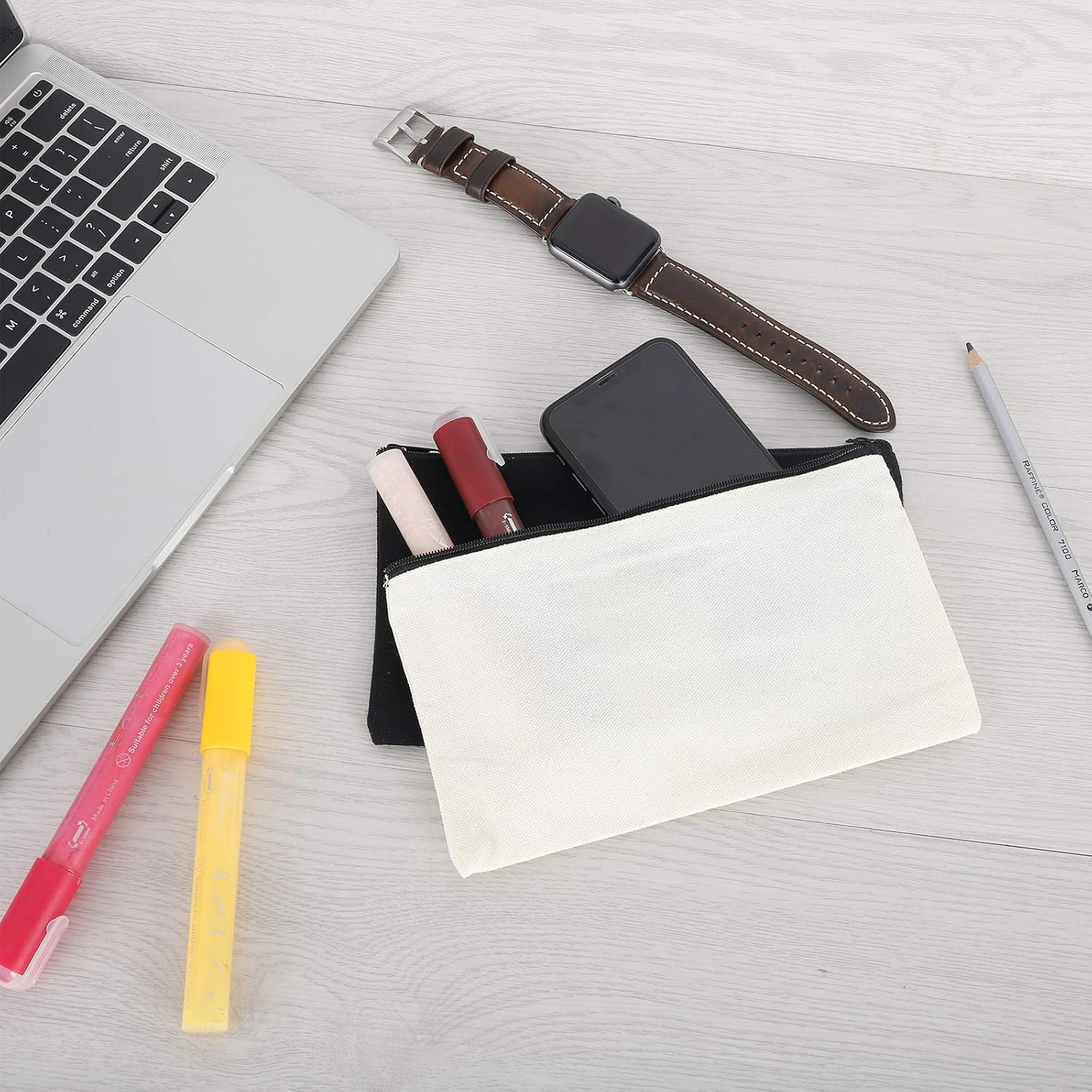 12 Pieces Black Cotton Canvas Makeup Bag, Multipurpose Cosmetic Bag with Zipper Travel Toiletry Pouch, Blank DIY Craft Bag Pencil Bag, White, M image number 5