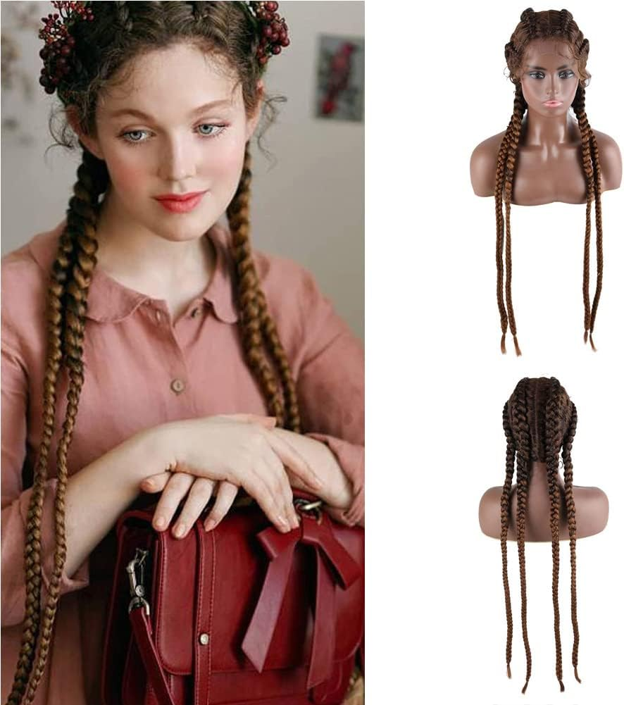 Afbeauty Extra Long Mixed Blonde Dutch Twins Braided Wig for Women Handmade Blonde 613 Lightweight Swiss Lace Front Wig with Baby Hair Heat Resistant Synthetic Double Braids Wig