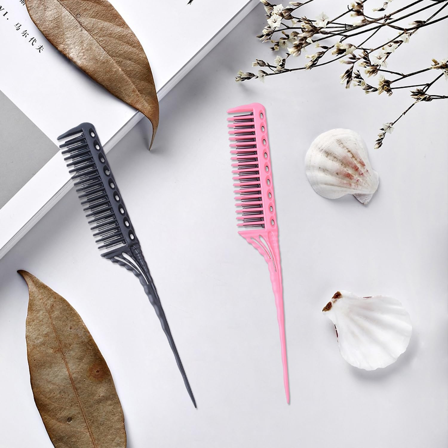 2-Piece Disc Hair Comb, Hairdressing Comb with Dense Tooth Design, Three-Row Hair Comb, Antistatic Hair Comb, Pointed Tail Comb Only for Women (Black, Pink) image number 2