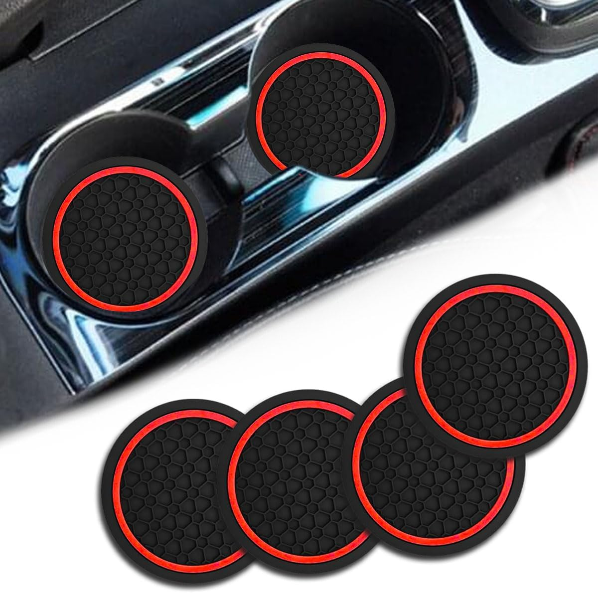 4PCS Car Cup Holder Coasters, Dustproof Automotive Interior Accessories Mat,2.75 Inch Non-Slip Insert Water Bottle Holder Pads, Universal for Vehicles, Trucks, Rvs and More (Black/Red) - Black/Blue image number 5