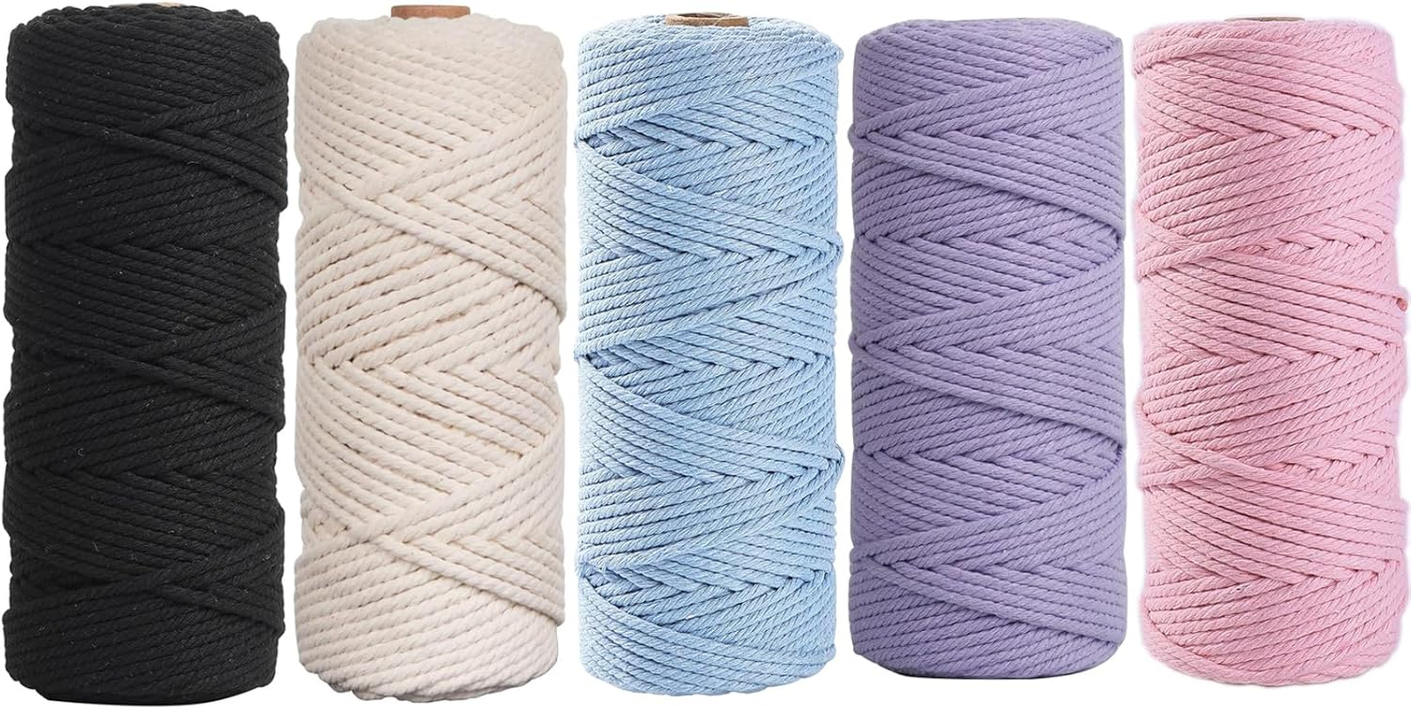 5 Rolls Natural Macrame Cord, Betterjonny 3Mm X 270 Yards Colored Macrame Rope, 4 Strand Twisted Cotton Rope Macrame Yarn, Colorful Cotton Craft Cord for Wall Hanging, Plant Hangers, Knitting, DIY