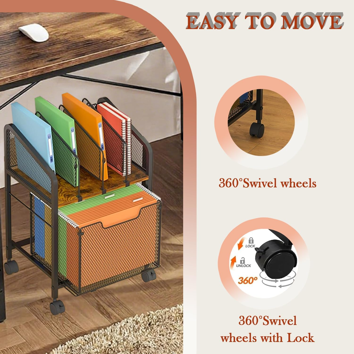 Mobile File Cabinet with Locking Wheels & Storage Drawer - Customizable Partition Hanging Folder Organizer, Compact under Desk Organization for Office Home Use