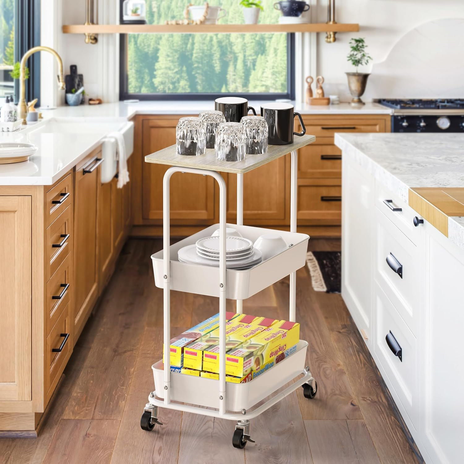 Simple Houseware 3 Tier Trolley Cart with Top Board, Metal Utility Cart, Maple image number 4