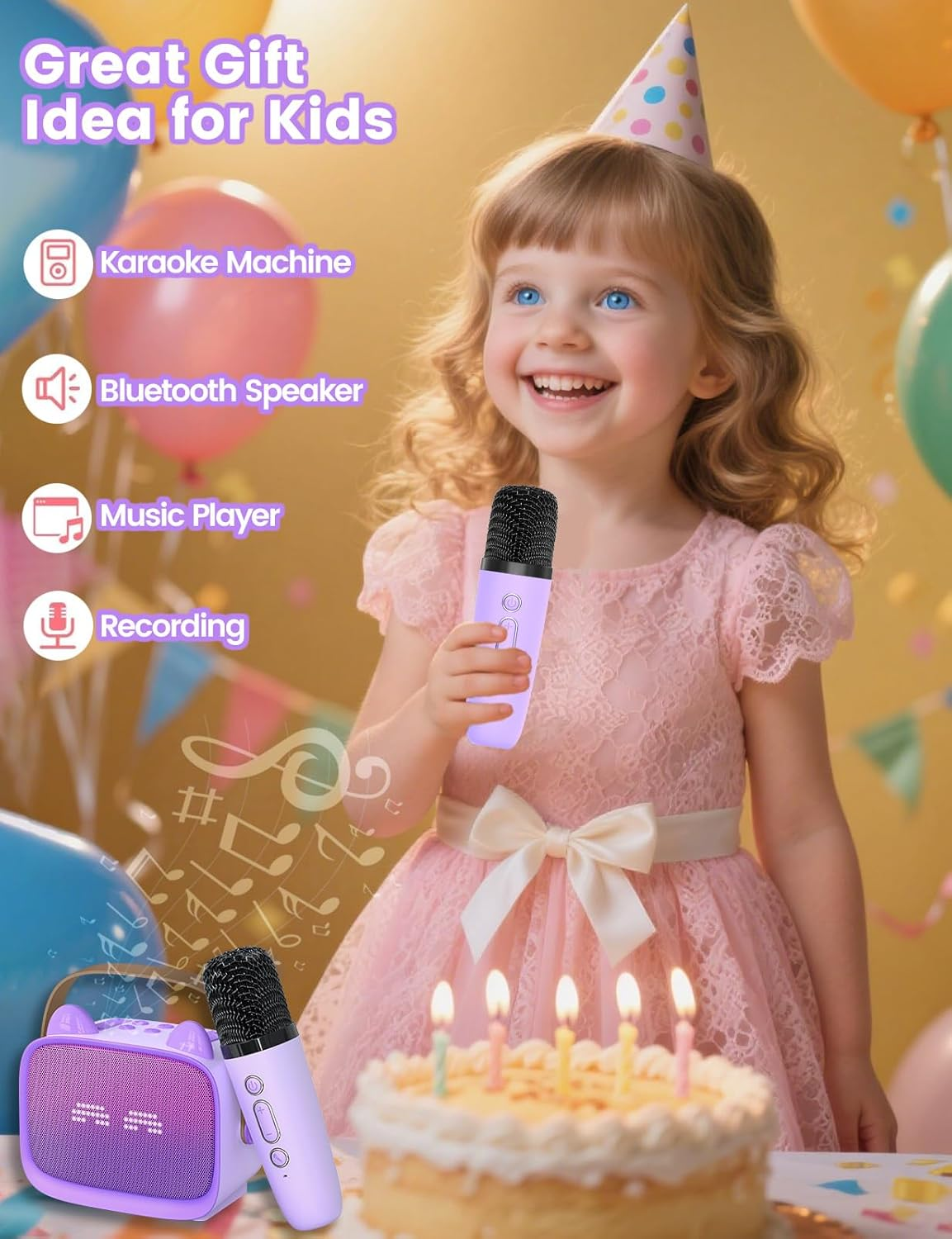 ZONEY Mini Karaoke Machine for Kids, Portable Bluetooth Karaoke Speaker with 2 Wilreless Microphones with LED Lights, Birthday Kids Toys Gifts for Girls Boys 4, 5, 6, 7, 8, 9, 10 +Year Old, Purple - Purple image number 3