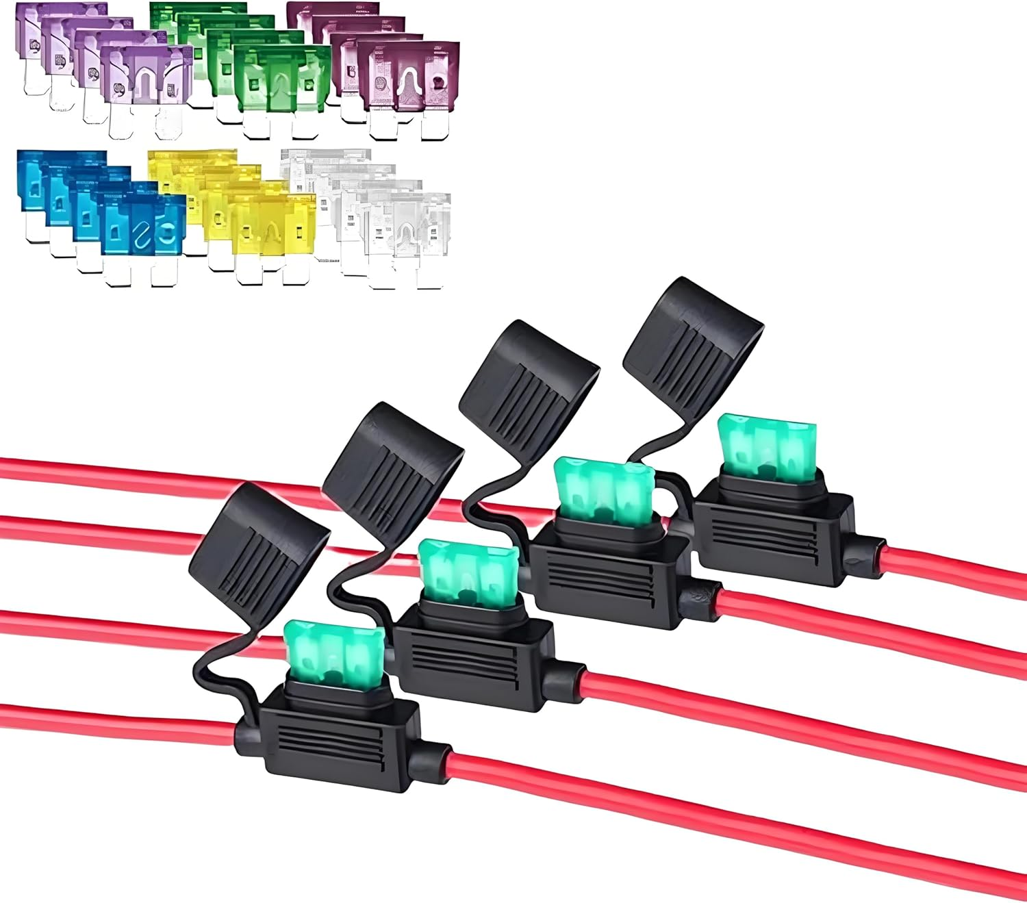 10 AWG Waterproof ATC/ATO Inline Fuse Holder with 24Pcs Standard Car Fuses (15A, 20A, 25A, 30A, 35A, 40A), 4 Packs of Automotive Replacement Fuses