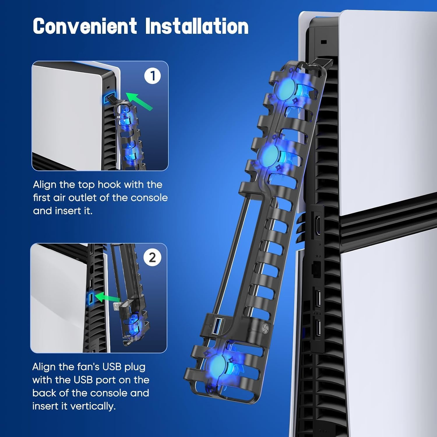 Cooling Fan for PS 5 Pro/Slim Console, PS 5 Silent Enhanced Cooling Fan with 3 High-Speed Fans & USB 3.0 Port, Auto Fan Speed Adjustable by Temperature, Auto Power On/Off image number 5