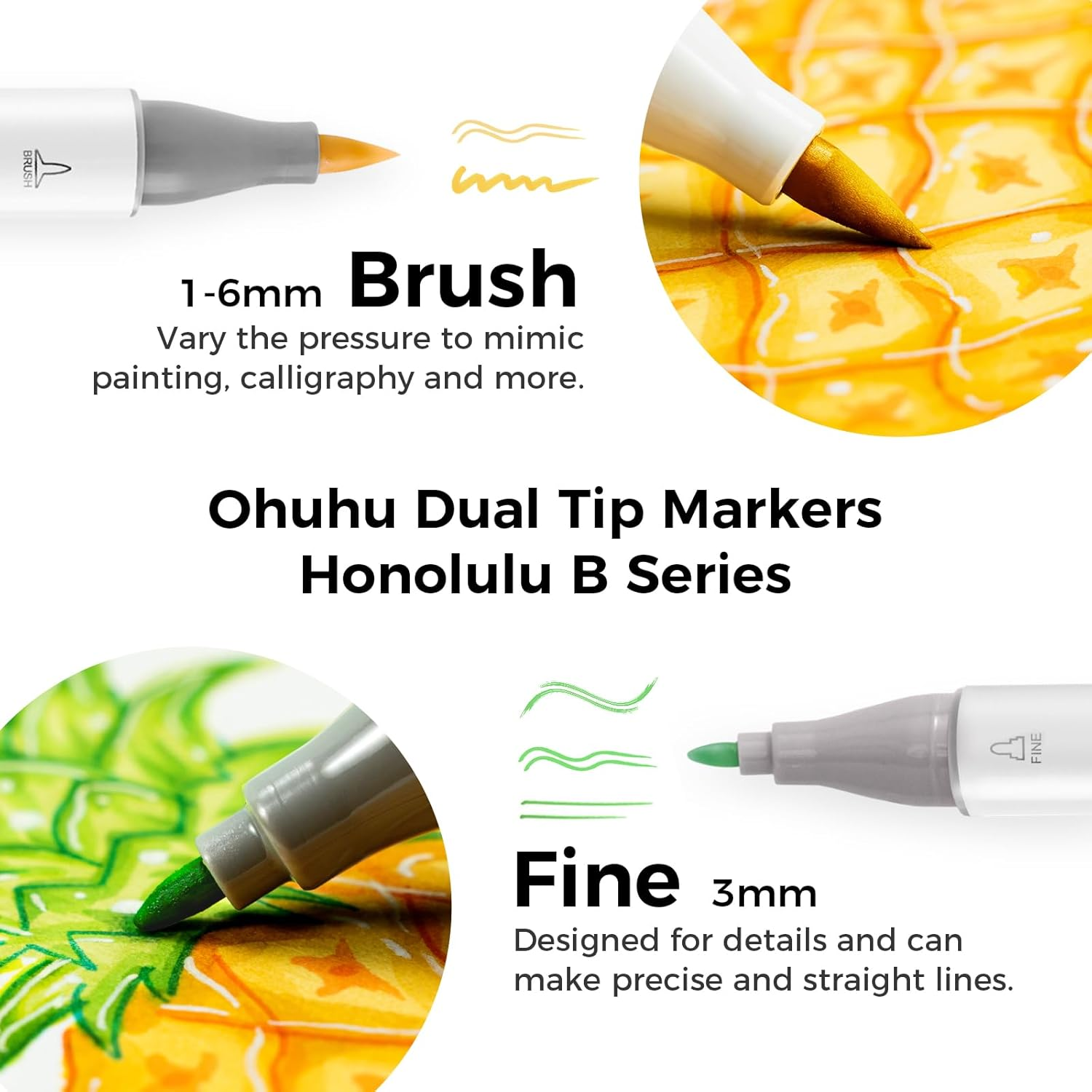 Ohuhu Alcohol Markers Brush Tip -Double Tipped Art Marker Set for Kids Artist Adults Coloring Sketching Illustration - 120-Color W/ 1 Blender -Brush & Fine - Honolulu B Series of Ohuhu Brush Markers image number 5