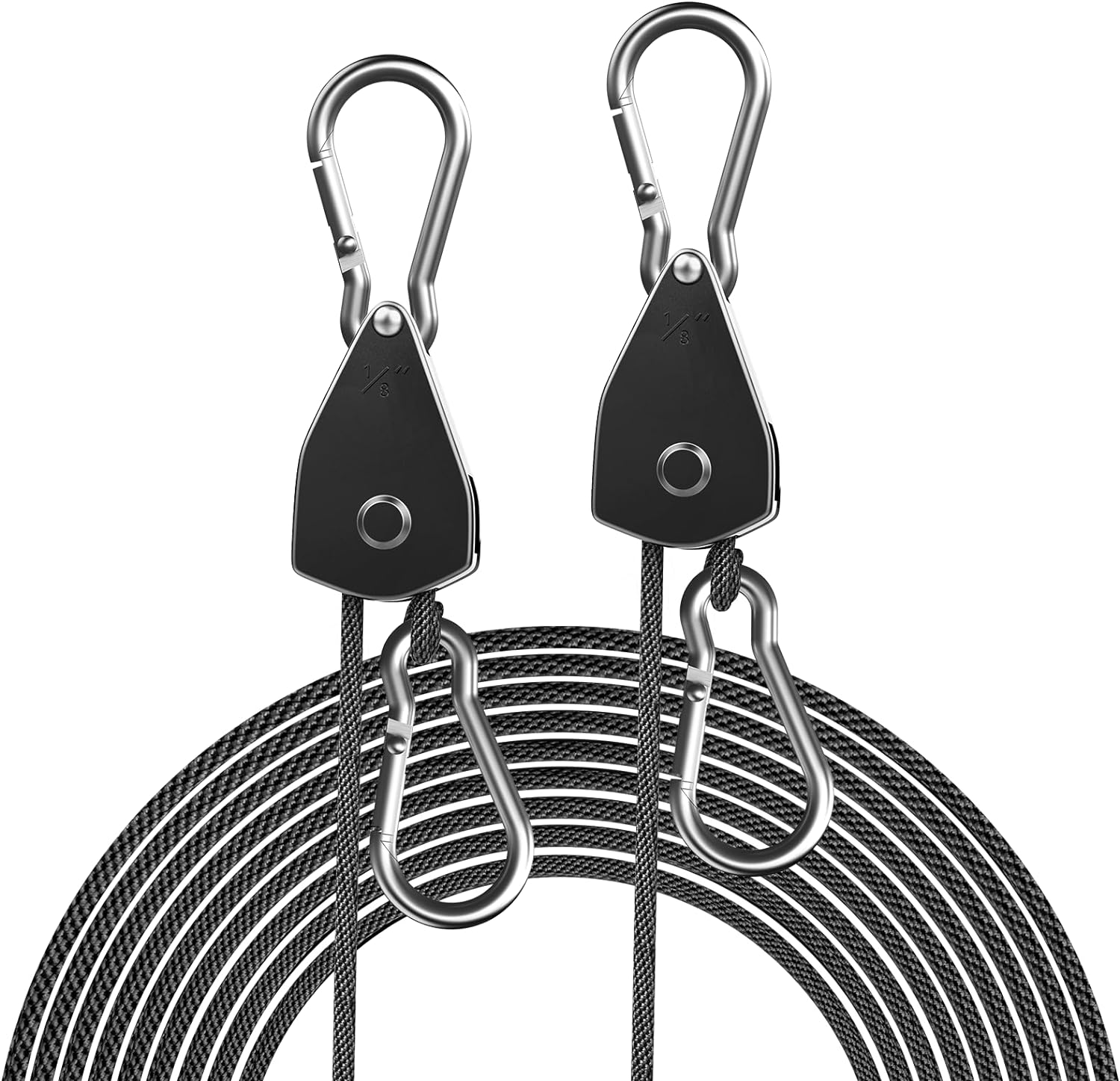 2-Pack 1/8&rdquo; Adjustable Rope Hanger, Heavy Duty Ratchet Tie down Strap with Reinforced Metal Gear, Ratcheting Pulley System Bungee Cord for Hanging Plants Grow Light and Various Tie-Down Uses image number 2