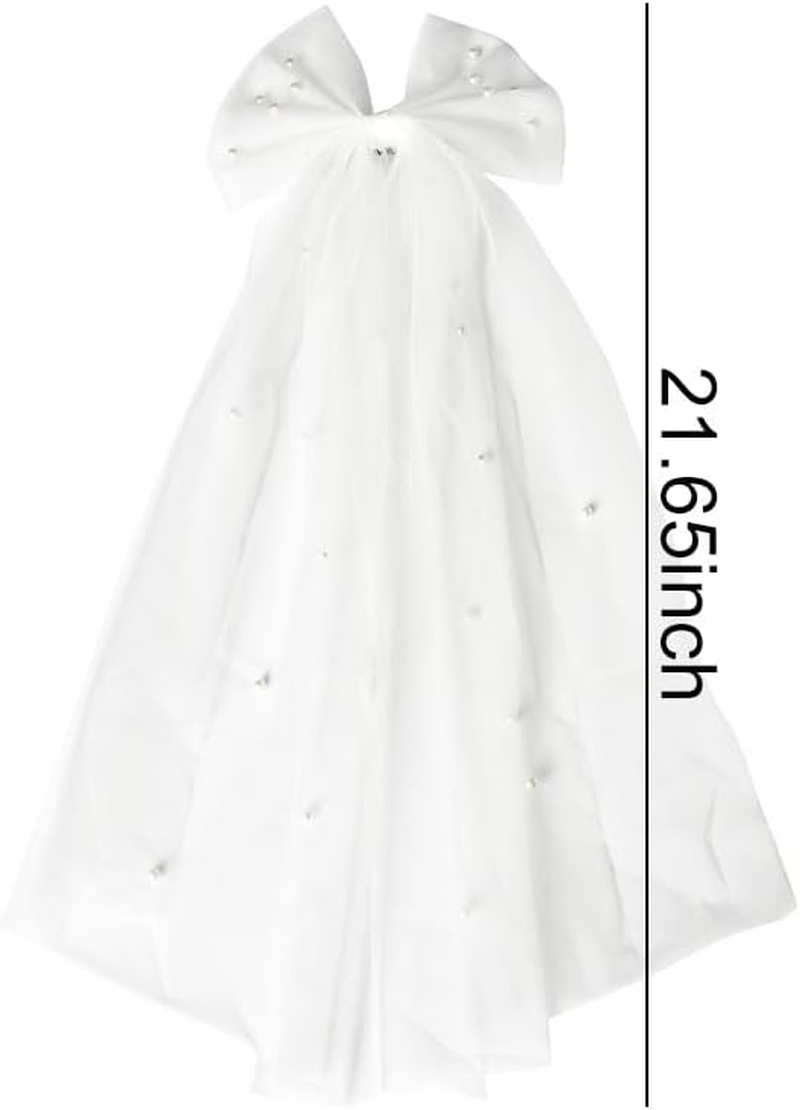 Hair Bow Veil Clip for Brides - White Bridal Veil with Pearls, Barrettes, Hair Clips - Wedding, Bridal Shower, Bachelorette Party Decorations - Bride Bridesmaid Hair Accessories image number 4