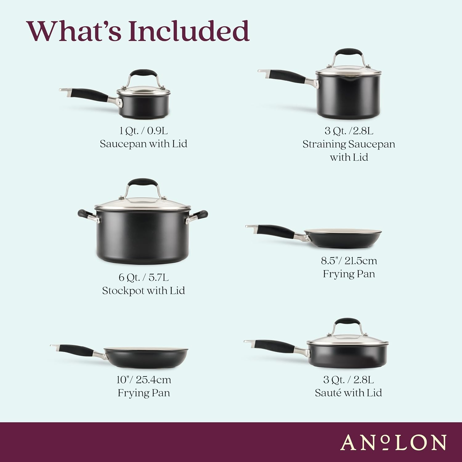 Anolon Advanced Nonstick Ceramic 10 Piece Cookware Set, Induction Compatible Pots and Pans Set, Dishwasher & Oven Safe image number 3