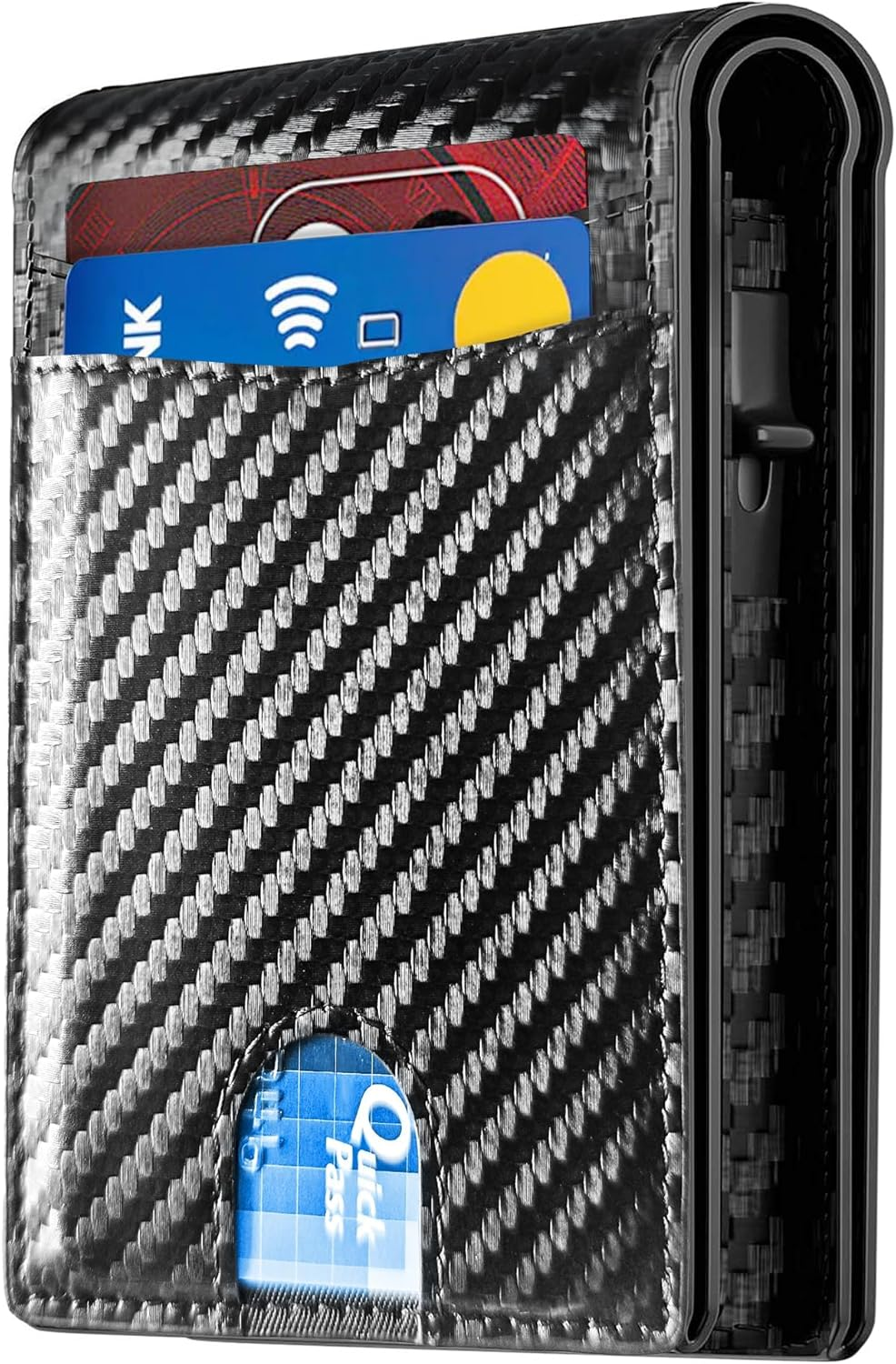 QLD Minimalist Wallet for Men - Slim RFID Blocking Bifold Credit Card Holder Leather Pop up Wallet Aluminum Case with Cash Slot, Front Pocket with ID Window, Gift Boxed, Carbon Fiber, Minimalist