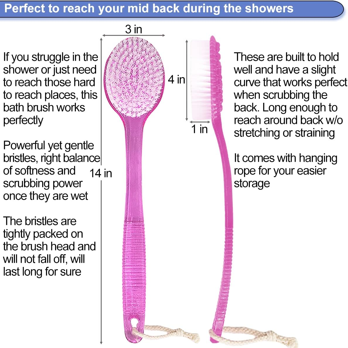 AMERWASH plus Bath Body Brush for Shower, 14 Inches Long Handle, 2 Packs Bath Scrubber Skin Exfoliation Bath Shower Body Brushing Pink image number 2
